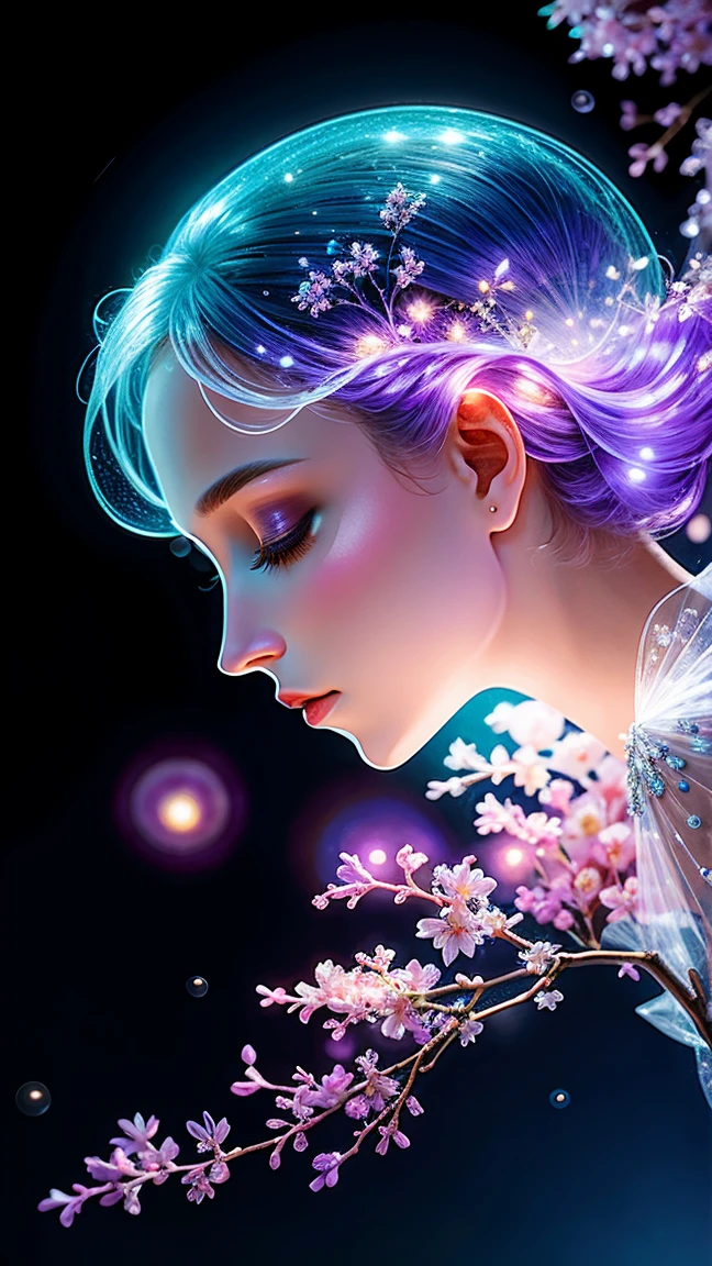 branch of delicate lilac flowers, super transparent, holy light, beautiful spectral light, petals glow, flashing, dark background, drops of transparent light, reflective light, bright, light streaming in, optics, portrait profile, sharp focus, magical, intricate, ultra realistic, fantasy, composition, light, trend on artstation, pearl, patronus cloud of silvery vapor, corrosive enveloping ray family, 8k, ureal ar 23v4 uplight