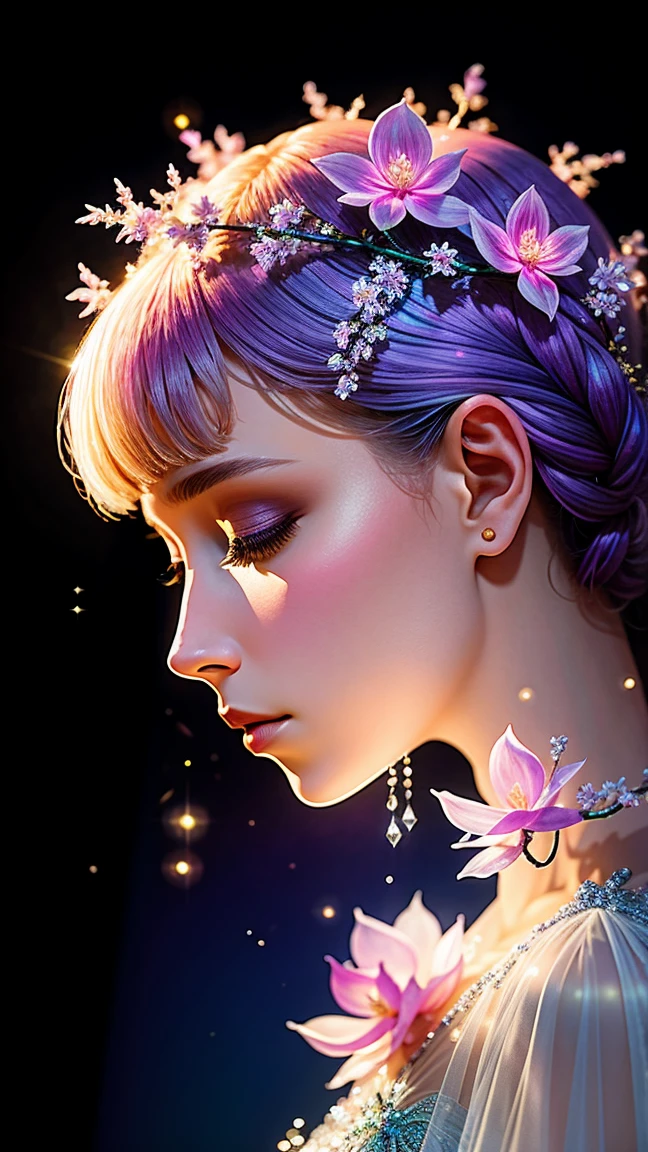 branch of delicate lilac flowers, super transparent, holy light, beautiful spectral light, petals glow, flashing, dark background, drops of transparent light, reflective light, bright, light streaming in, optics, portrait profile, sharp focus, magical, intricate, ultra realistic, fantasy, composition, light, trend on artstation, pearl, patronus cloud of silvery vapor, corrosive enveloping ray family, 8k, ureal ar 23v4 uplight