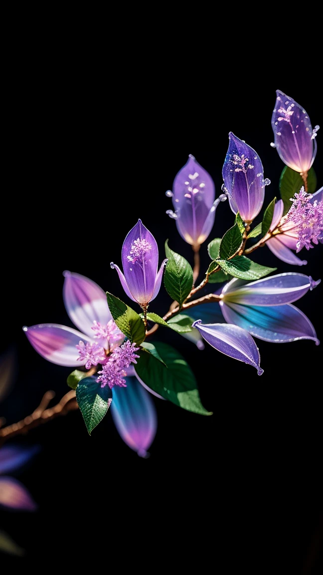branch of delicate lilac flowers, super transparent, holy light, beautiful spectral light, petals glow, flashing, dark background, drops of transparent light, reflective light, bright, light streaming in, optics, portrait profile, sharp focus, magical, intricate, ultra realistic, fantasy, composition, light, trend on artstation, pearl, patronus cloud of silvery vapor, corrosive enveloping ray family, 8k, ureal ar 23v4 uplight
