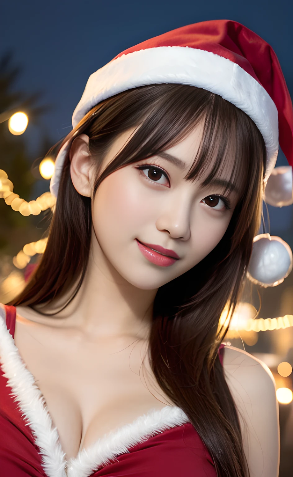 masutepiece, Best Quality, Illustration, Ultra-detailed, finely detail, hight resolution, 8K Wallpaper, Perfect dynamic composition, Beautiful detailed eyes, doress,Medium Hair, mid-chest, Natural Color Lip, Random and sexy poses,Smile,Christmas Lights、santa claus