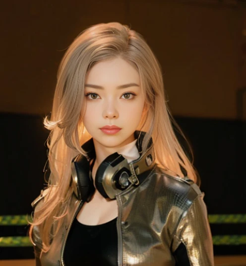 Highest image quality, outstanding details, ultra-high resolution, (realism: 1.4), ((close up:0.75)), highly condensed 1lady, with beautiful and a delicate face, perfect proportion, (Kicking To Viewer), (chubby:0.3, small breasts), (wearing racing suit likes police uniform, black and gray mecha, wearing high-tech headset, military harness, holding a machinegun, carrying hich-tech-flamethrower -tank on back), captain, background gray wall,