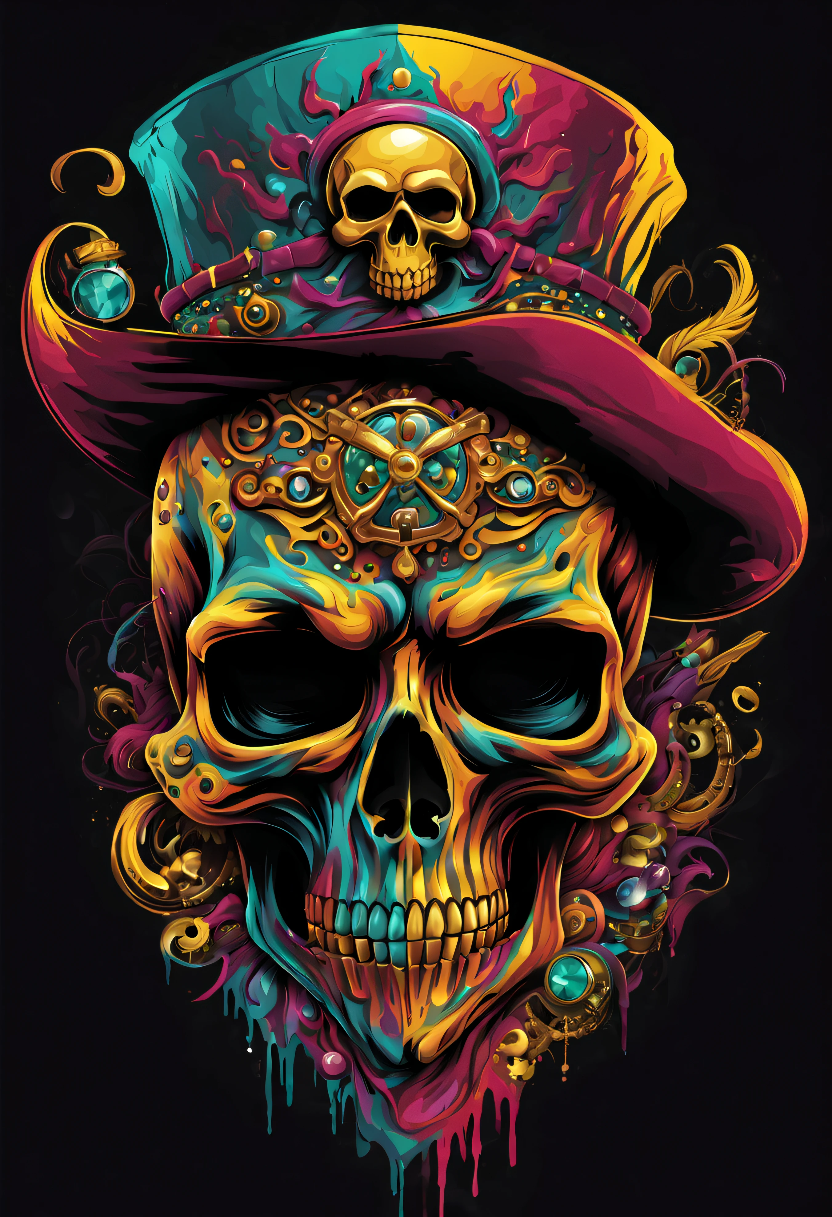 T-shirt art vector ready to print colorful graffiti illustration of masquerade party yellow pirate skull and hat web decorated with jewels of precious rubies and emeralds and skeleton beard decorated with yellow diamonds, teeth of beautiful stone jewelry, front perspective, action shot, vibrant color And welding, high detail, white background