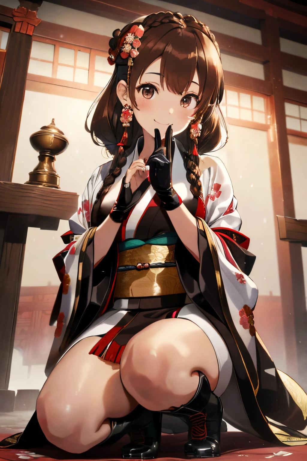 ((Brown hair)),((Braided shorthair)),((With black eyes)),Slight red tide,(Luxurious furisode:1.5),(Kimono:1.25),(white fluffy cloak),(stylish five finger gloves:1.2),(First visit to black short boots),(shrines:1.2),(Watch with a smile),(Worship at the shrine:1.25),It's snowing a little,(The colors of the clothes are black, gold, red, and pink.),Kamimei,(close up of face:1.25)