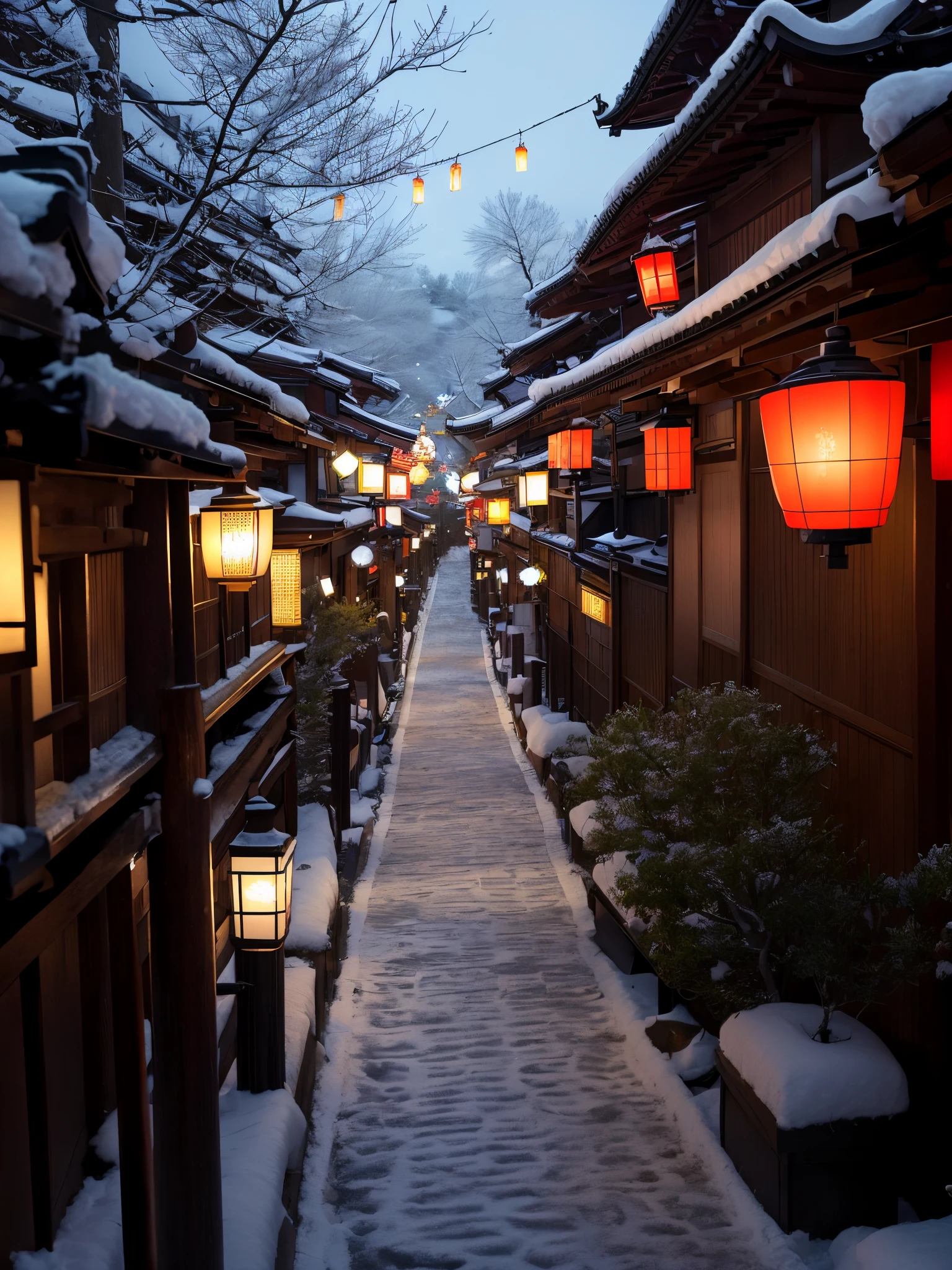 The streets are filled with lanterns,There is snow on the ground, Dream Chinatown, Japan street, Japan Village, Japan town, Lanterns at night, kyoto inspired, light snowing, snow glow, Japan city, Snowy winter, China Village, nevando, Kyoto environment, jpn, old asian village, perfect lighting in a snow storm, kyoto, street lanterns glow, snowy night