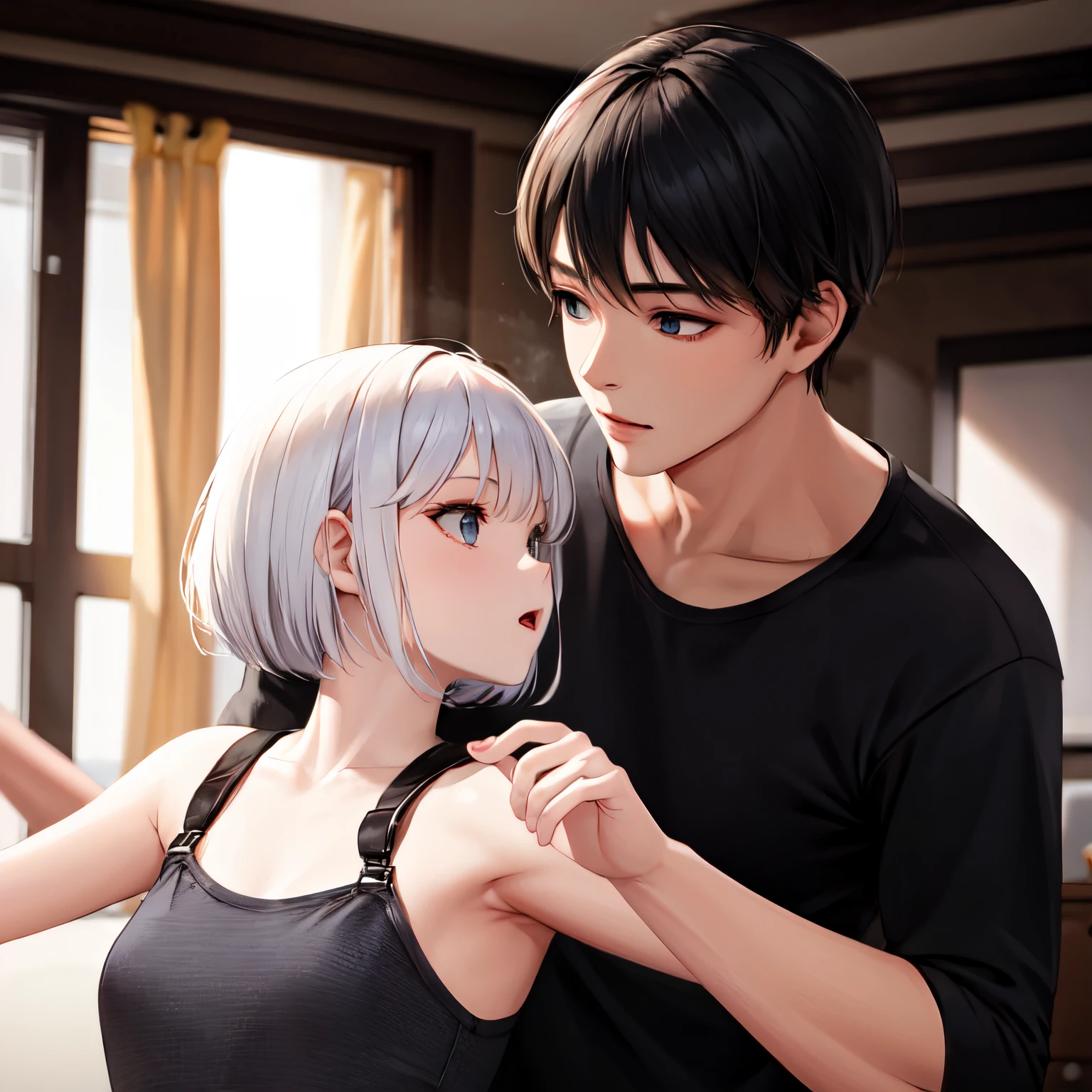 ((best quality)), ((masterpiece)), (detailed), perfect face, dancing, boy and girl, white short hair