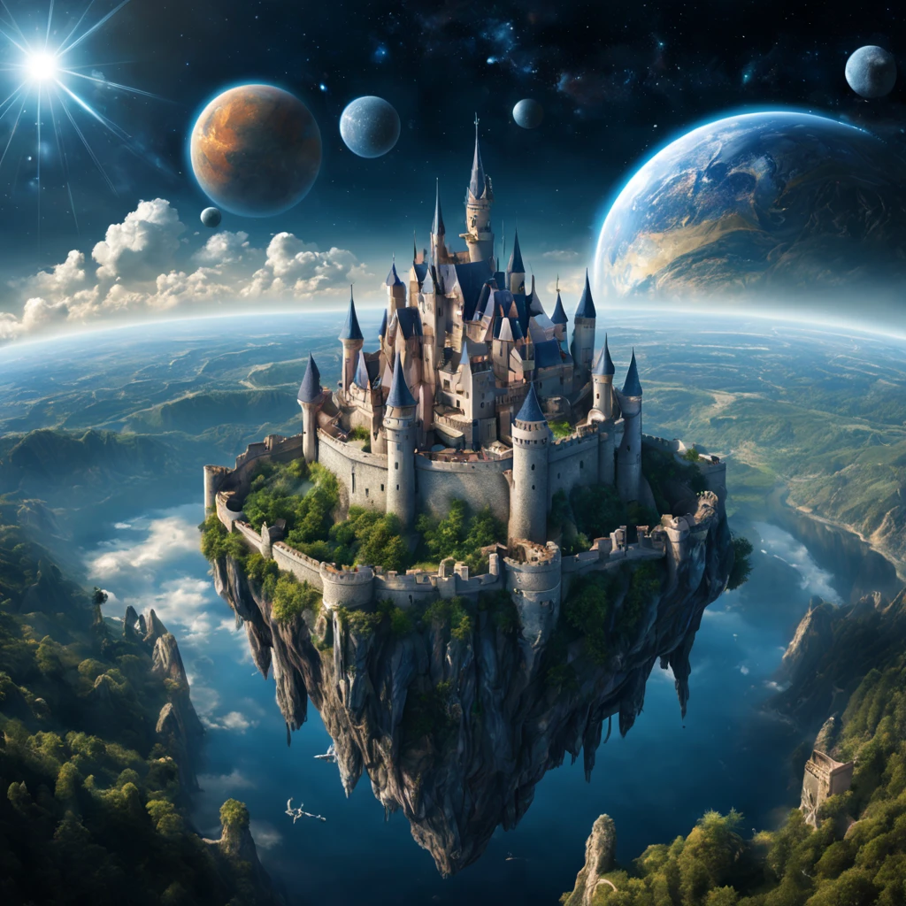 ((Medieval European castle floating in space)),Floating castle,A robot named Hiryu made of inorganic materials is flying around.,((Dragon rider in spacesuit)),beautiful and majestic scenery,,Earth seen from space,A dream-like scene that combines medieval and science fiction,solemn atmosphere of the Middle Ages,Sci-Fi Light Effects,planets and satellites visible in the distance,stardust,Starshine,Complex colors,​masterpiece