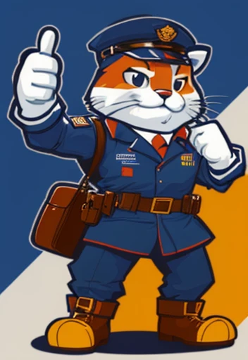 Wearing commander's clothes,Cat wearing commander hat giving thumbs up, Mascot illustration,anthropomorphic cat, macho pose, Model figure,com mascot,full body mascot,comic character design, high quality character design, inspired by Tom Whalen,