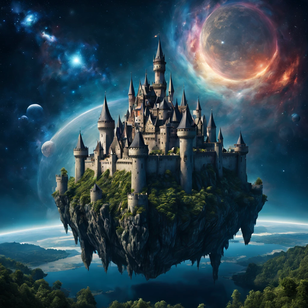 ((Medieval European castle floating in space)),Floating castle,A robot named Hiryu made of inorganic materials is flying around.,((Dragon rider in spacesuit)),beautiful and majestic scenery,,Earth seen from space,A dream-like scene that combines medieval and science fiction,solemn atmosphere of the Middle Ages,Sci-Fi Light Effects,planets and satellites visible in the distance,stardust,Starshine,Complex colors,​masterpiece