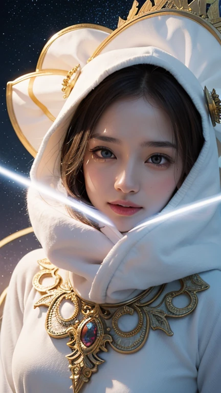 (tmasterpiece,quality,best qualityer,offcial art,Beauty and aesthetics:1.2),(1girll),extremy detailed,(s fractal art:1.3),rich colourful,highest details,s the perfect face,The upper part of the body,HDR,(DOA:1.3),(white cloak golden lines:1.2),galaxias,(light stre),striking visual effects,(dynamic streaks,Luminous trajectory:1.2),vivd colour,