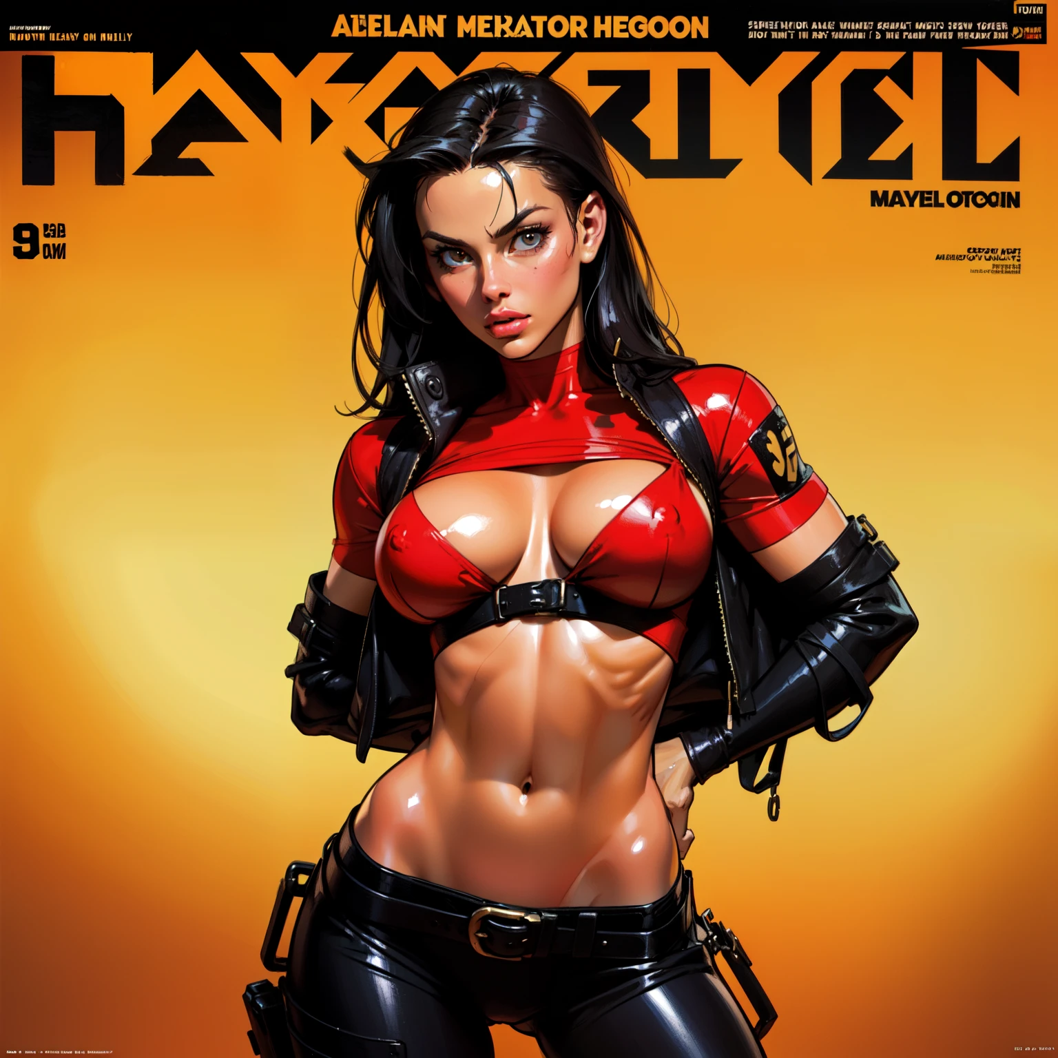 medium shot, torso shot, Post-apocalyptic female warriorin Simon Bisley style for the cover of Heavy Metal magazine, wearing teared red shirt focus on breasts, scantily clad, art by Simon Bisley, arms along body, hands behind her back