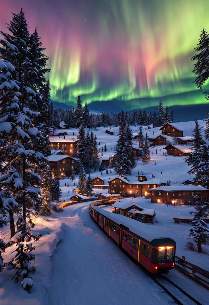 This is a hyper-realistic CG rendering of a Swiss town。Rainbow-colored auroras shine over the snow,Aurora swoops down like a phoenix,Shuttle trains,snow landscape,snowflower,Light effects and countless shining stars in the sky,Vray rendering,high detal,Realistic 8K,Surreal CG rendering,4K Ultra Clear