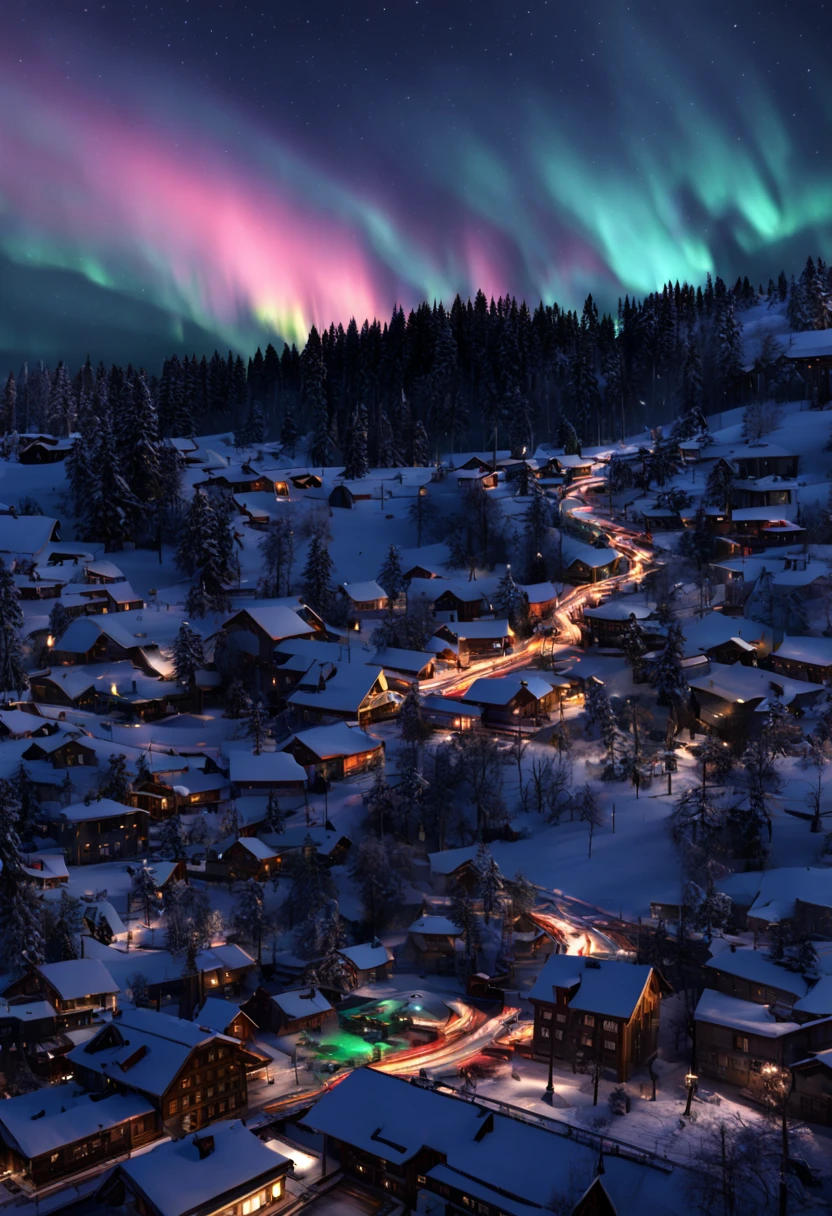 This is a hyper-realistic CG rendering of a Swiss town。Rainbow-colored auroras shine over the snow，Aurora swoops down like a phoenix，Shuttle trains，snow landscape，snowflower，Light effects and countless shining stars in the sky，Vray rendering，high detal，Realistic 8K，Surreal CG rendering，4K Ultra Clear