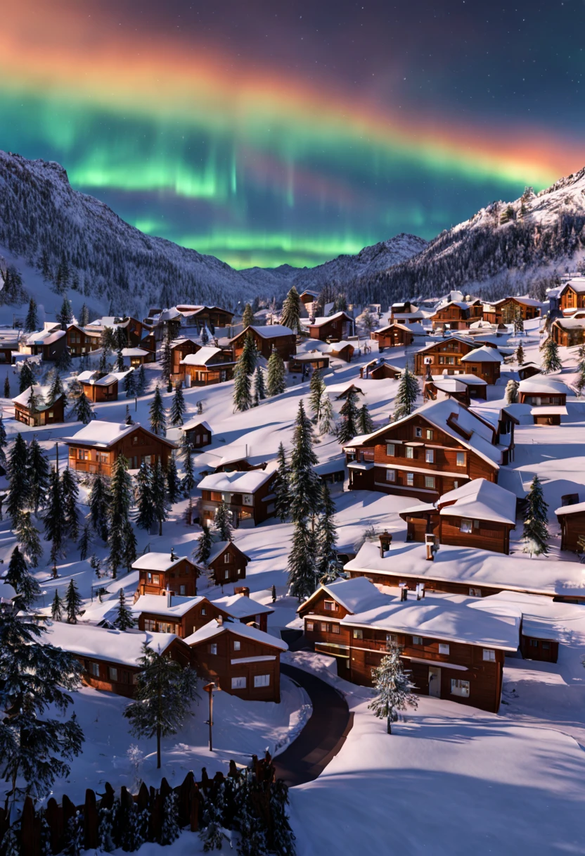 This is a hyper-realistic CG rendering of a Swiss town。Rainbow-colored auroras shine over the snow,Aurora swoops down like a phoenix,Shuttle trains,snow landscape,snowflower,Light effects and countless shining stars in the sky,Vray rendering,high detal,Realistic 8K,Surreal CG rendering,4K Ultra Clear
