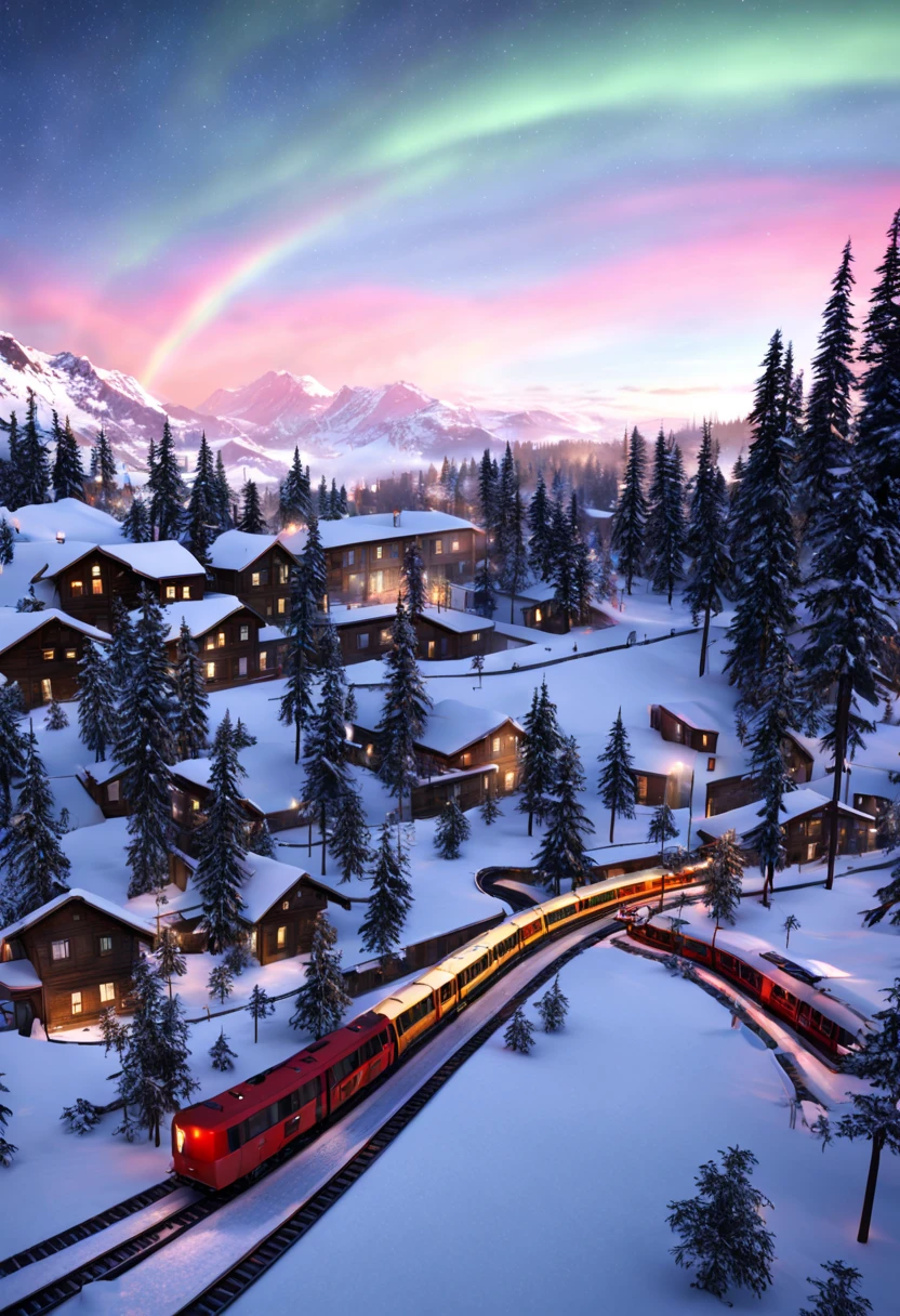 This is a hyper-realistic CG rendering of a Swiss town。Rainbow-colored auroras shine over the snow，Aurora swoops down like a phoenix，Shuttle trains，snow landscape，snowflower，Light effects and countless shining stars in the sky，Vray rendering，high detal，Realistic 8K，Surreal CG rendering，4K Ultra Clear