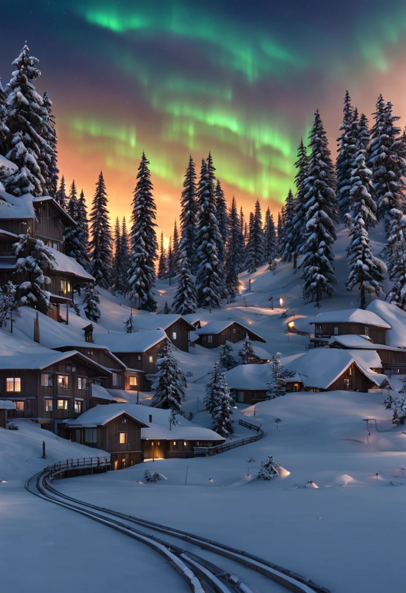 This is a hyper-realistic CG rendering of a Swiss town。Rainbow-colored auroras shine over the snow,Aurora swoops down like a phoenix,Shuttle trains,snow landscape,snowflower,Light effects and countless shining stars in the sky,Vray rendering,high detal,Realistic 8K,Surreal CG rendering,4K Ultra Clear