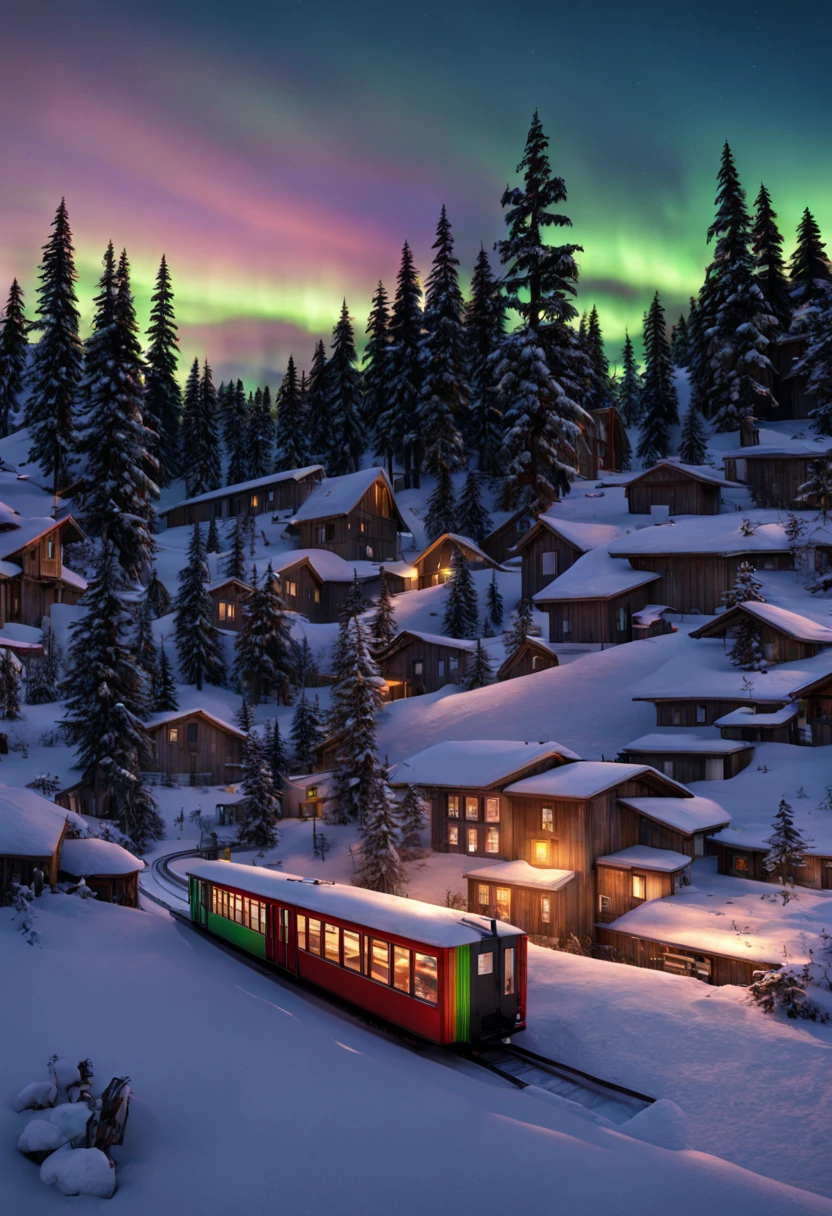 This is a hyper-realistic CG rendering of a Swiss town。Rainbow-colored auroras shine over the snow，Aurora swoops down like a phoenix，Shuttle trains，snow landscape，snowflower，Light effects and countless shining stars in the sky，Vray rendering，high detal，Realistic 8K，Surreal CG rendering，4K Ultra Clear