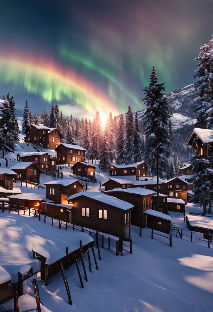 This is a hyper-realistic CG rendering of a Swiss town。Rainbow-colored auroras shine over the snow,Aurora swoops down like a phoenix,Shuttle trains,snow landscape,snowflower,Light effects and countless shining stars in the sky,Vray rendering,high detal,Realistic 8K,Surreal CG rendering,4K Ultra Clear