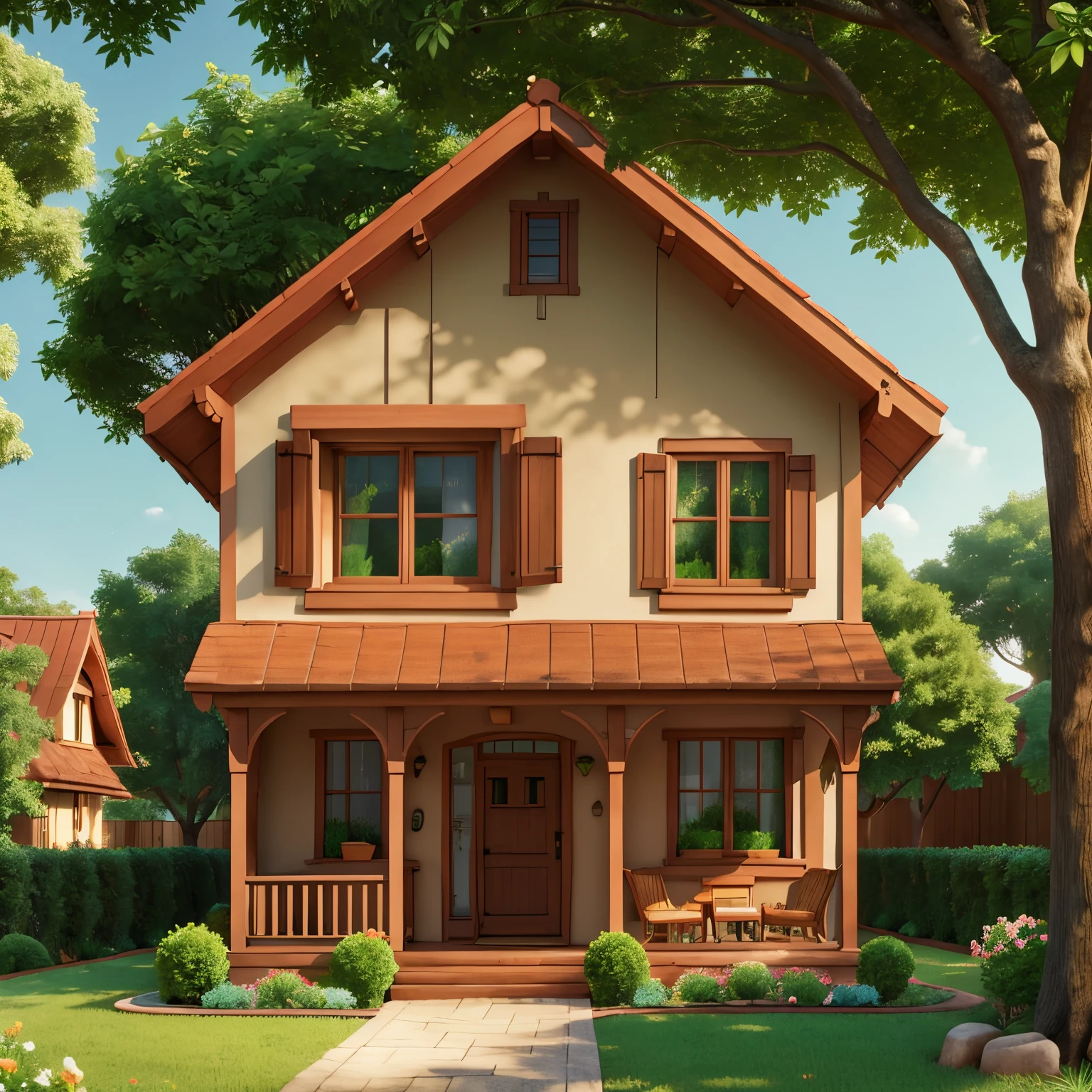 Visualize a quaint, charming house surrounded by a lush green garden. The home is small but full of warmth, nestled in a peaceful neighborhood.