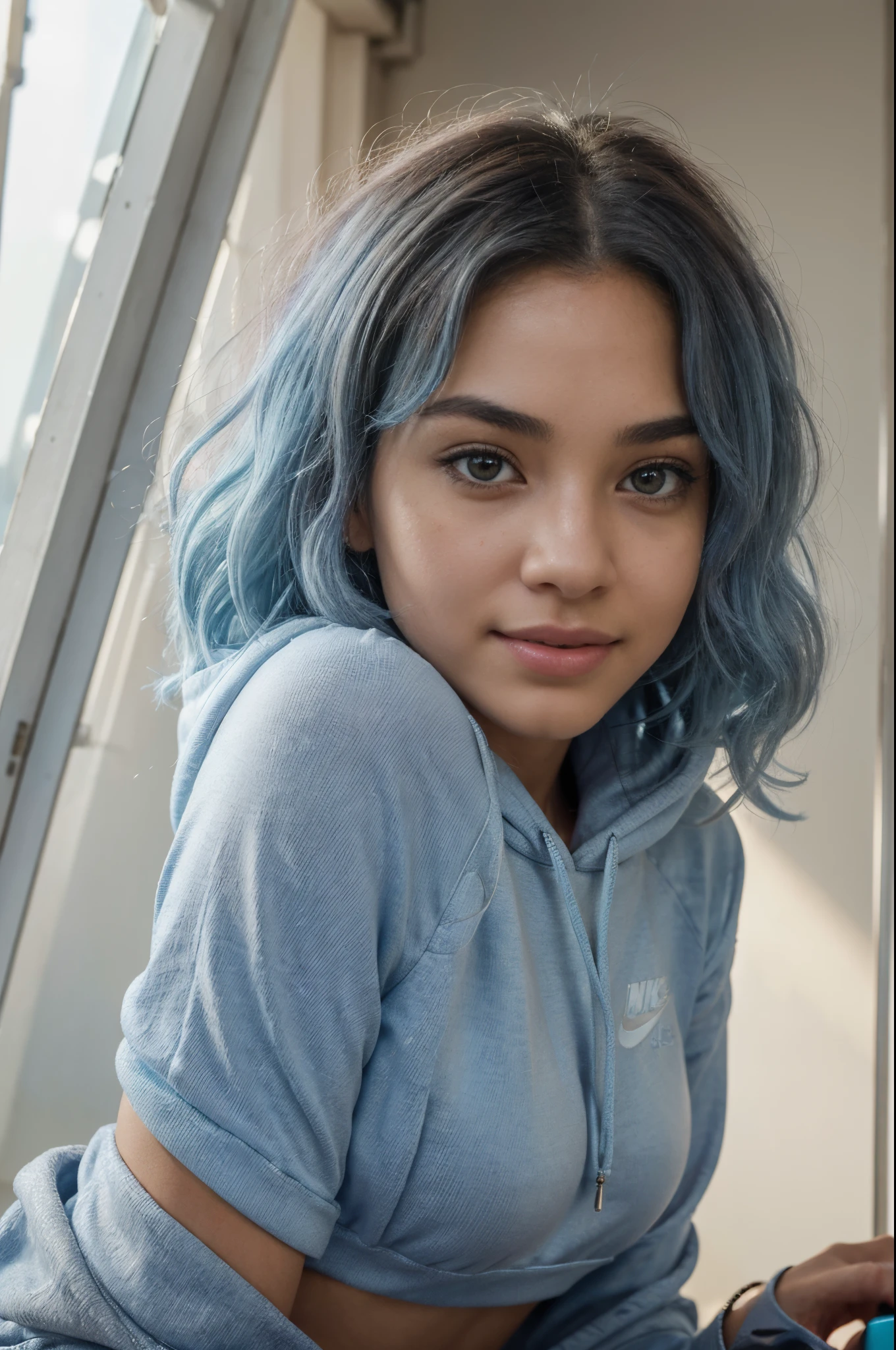 selfie photo,beach, bikini, short messy blue hair, with big pink sweatshirt ((MUST)), Kpop idol, RAW, analog, Nikon Z 85mm, ((best quality)) ((masterpiece)), intricate details, highly detailed, sharp focus, professional, photorealistic, post-processing, max detail, roughness, real life, ultra realistic, photorealism, photography, photography, SILHOUETTE light, (realistic, photo-realistic:1.37),Amazing, finely detail, masterpiece,best quality,official art, extremely detailed CG unity 8k wallpaper,perfect artwork,instagram influencer, baggy outfit, upper body, shiny hair, glowing brown eyes, lustrous skin, realistic,perfect female figure, mature female, narrow waist, looking at viewer, alluring,best quality ,masterpiece, illustration, an extremely delicate and beautiful, extremely detailed , Amazing, finely detail, masterpiece,best quality,official art,absurdres, incredibly absurdres, huge filesize, ultra-detailed, highres, extremely detailed,beautiful detailed girl, extremely detailed brow eyes and face, beautiful detailed brown eyes,light on face,cinematic lighting,see-through,looking at viewer, protruding, revealing buttocks,sfw:1.5,masterpiece, best quality, high quality, High definition, High quality texture, High quality shadow, high detail, beautiful detailed, finely detailed, extremely detailed cg, detailed texture, a realistic representation of the face, realistic, colorful, delicate, Cinematic Light, sidelighting, Lens Flare, Ray tracing, sharp focus, (intricate details, makeup, (detailed beautiful delicate face, detailed beautiful delicate brown eyes, a face of perfect proportion, high detailed skin, detailed skin, best ratio four finger and one thumb, wide hips, smooth midriff, skiny and thin, solo ,(young), face highlight, upper body, detailed face, tear mole, white skin, light blue hair((all hair)), curly medium long hair, looking down, big brown eyes, Pink sweatshirt clothe, smiling, nike air force, grey hoodie, black pants, various poses, selfie photo.