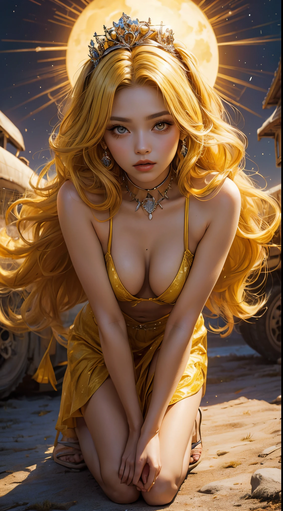 Solar Princess, (bright Yellow hair), Sun-Theme, ((big hair)), double eyelid, ((skinny body)), exalted expression, perfect skin, (radiant), bright shiny eyes, (exalted princess clothing), (bent over to viewer), Radiation