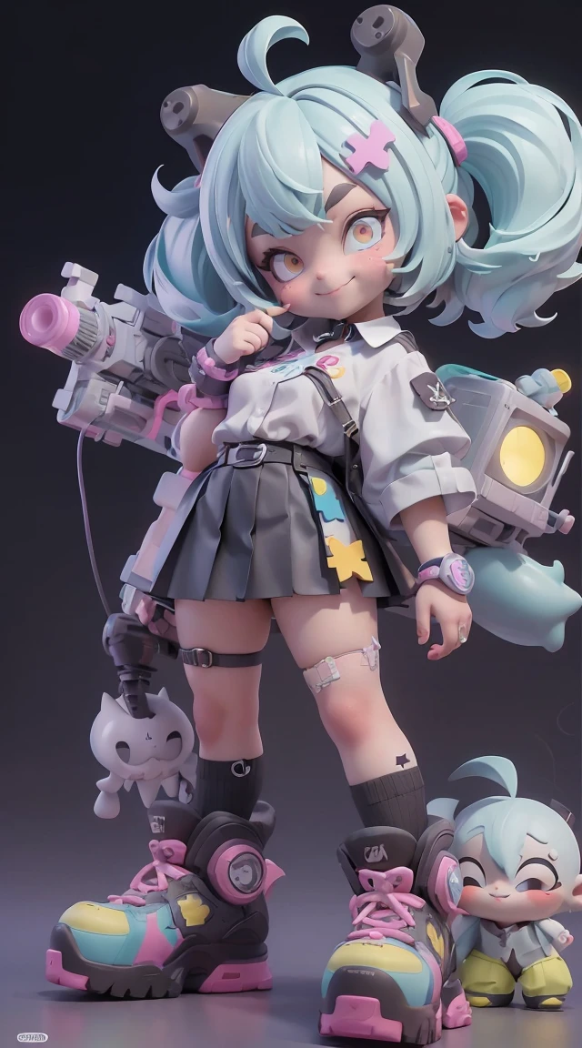 Cute wrapped in clear plastic, chibi, blue hair, ((medium short hair)), ((messy hair)), (Short Hair Hair), (((I unkempt))), ((large short double tail)), ((Smooth diagonal)), yellow eyes, Astigmatism, ((X-shaped pupils)), ((Thick eyebrows, opened mouth, (((Smile, smile., fanglack short sleeve shirt)), Pleated black miniskirt, Needle Shocker, Pointed Ring, Black shoes, yellow wire, enormous breasts, Candy color, and light background, 3D Toys, Cyberpunk Style, 4d cinema, octanerender, 3D Models, collectible toys,Nerdrooid,Street Style,pixar,Big Shoes , Fashion Trends, close up shot, Full body --ar 2:3 --niji 5 --Q 2 - S 100 - Expression style --s 2