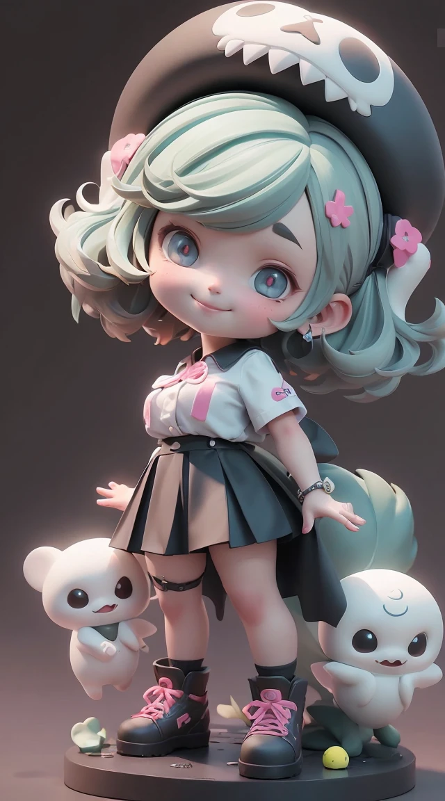 Cute  wrapped in clear plastic, chibi, blue hair, ((medium short hair)), ((messy hair)), (Short Hair Hair), (((I unkempt))), ((large short double tail)), ((Smooth diagonal)), yellow eyes, Astigmatism, ((X-shaped pupils)), ((Thick eyebrows, opened mouth, (((Smile, smile., fanglack short sleeve shirt)), Pleated black miniskirt, Needle Shocker, Pointed Ring, Black shoes, yellow wire, enormous breasts, Candy color,  and light background, 3D Toys, Cyberpunk Style, 4d cinema, octanerender, 3D Models, collectible toys,Nerdrooid,Street Style,pixar,Big Shoes , Fashion Trends, close up shot, Full body --ar 2:3 --niji 5 --Q 2 - S 100 - Expression style --s 2