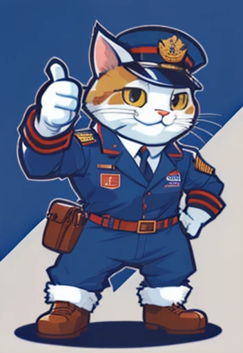Wearing commander's clothes,Cat wearing commander hat giving thumbs up, Mascot illustration,anthropomorphic cat, macho pose,com mascot,full body mascot,comic character design, high quality character design, inspired by Tom Whalen,