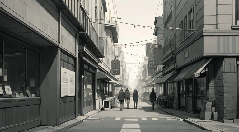 Shopping street in the city,Black lines,Monochrome,（Black and white manuscript:1.4）,whitebackground,( Background:1.2)