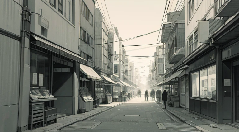 Shopping street in the city,Black lines,Monochrome,（Black and white manuscript:1.4）,whitebackground,( Background:1.2)