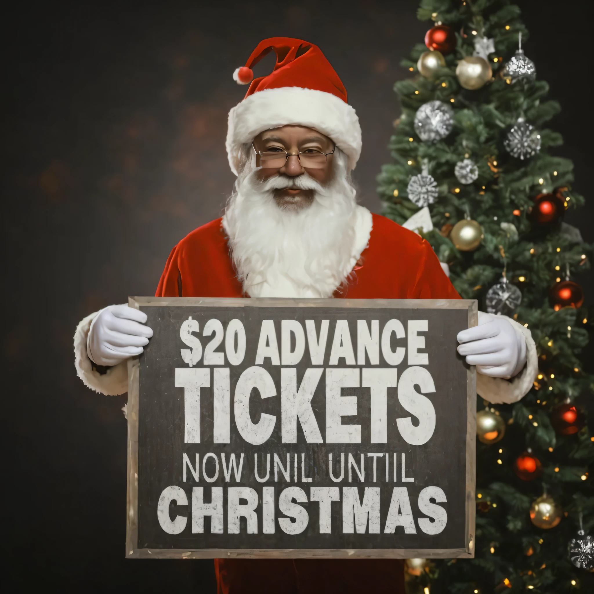 santa claus holding a sign that says $ 20 advance tickets now until christmas, santa, 2 0, 🕹️ 😎 🔫 🤖 🚬, january 20th, 💣 💥, 1 0 / 1 0, f / 2 0, promo image, 💣 💥💣 💥, ad image, advertising photo, holiday season, by Dan Luvisi, promo photo