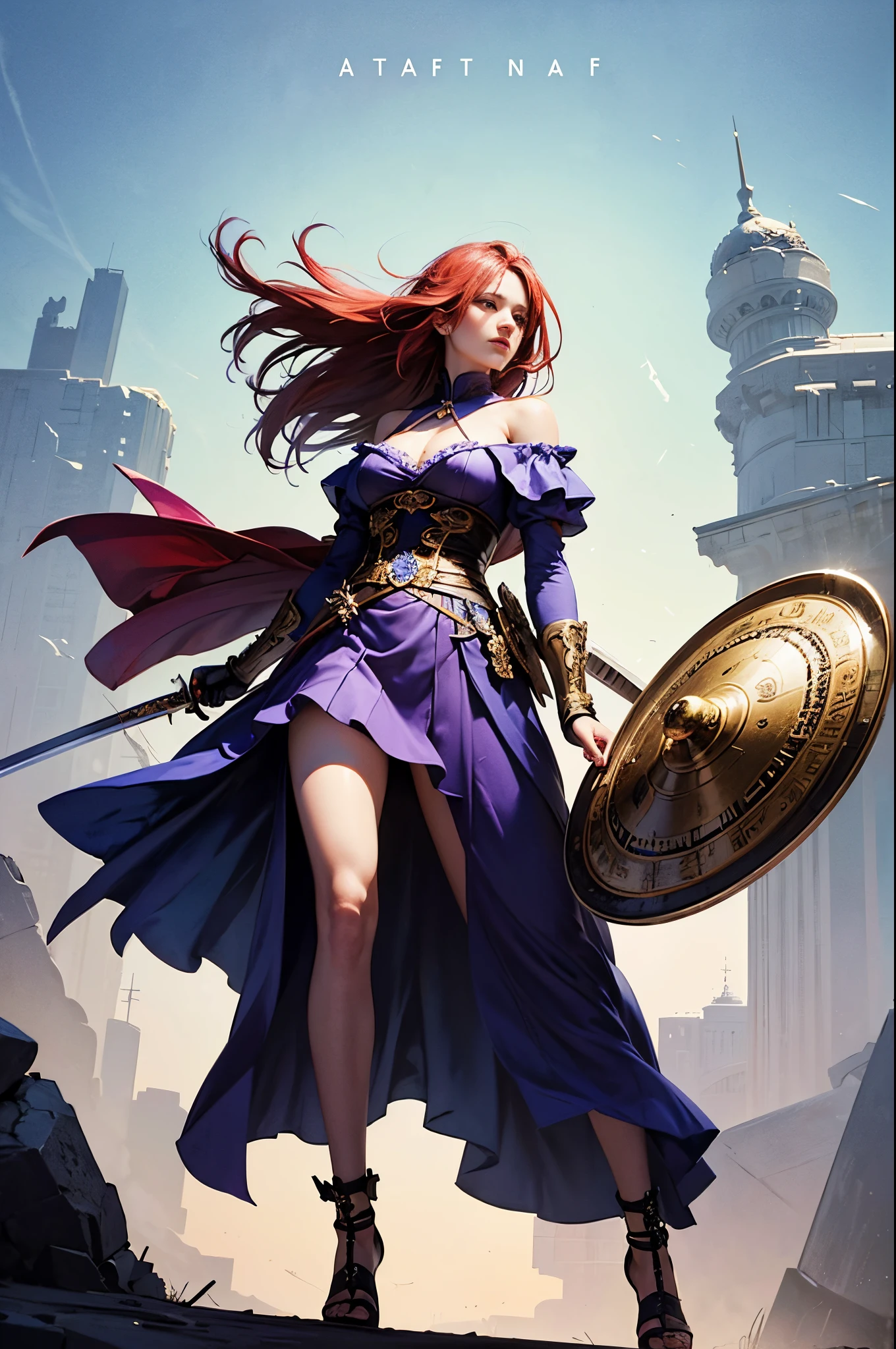 Red-haired arafe woman in purple dress holding sword and shield, cushart krenz key art feminine, by Yang J, chengwei pan on artstation, Style ArtGerm, Alexandra Fomina Artstation, ig model | ArtGerm, very detailed Artgerm, epic exquisite character art, ArtGerm on ArtStation Pixiv, Perfect Angle, perfect-composition, Best Quality, Perfect model body shape