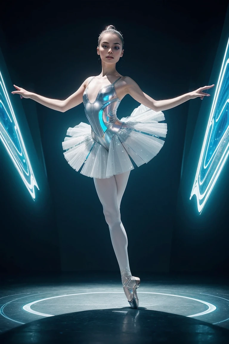 ((best quality)), ((masterpiece)), (detailed), perfect face, Imagine a futuristic concept art of a ballerina performing in a technologically advanced setting, her movements enhanced by holographic projections and interactive elements. Use a sleek, futuristic design to capture the evolution of ballet in the future.