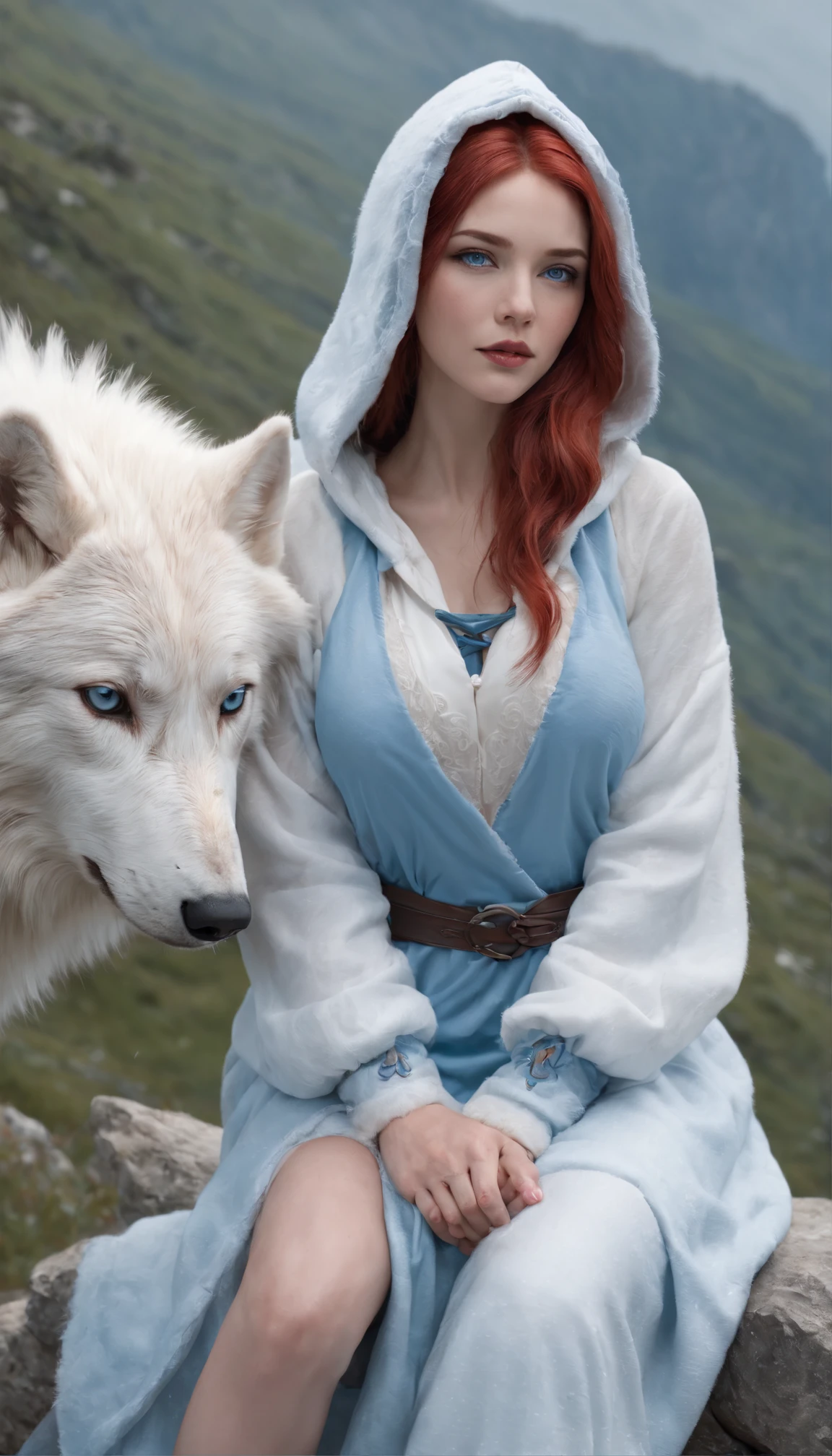 (A cold woman in an  shooter costume sits on the edge of an  cliff,Archer with  bow:1.2),(Red hair: 1.5),(Blue fluffy hood,blue colored eyes,White hair,Delicate and beautiful face:1.3),Fine and perfect anatomy,dynamicposes,snowy day,Fantasyart,There is a white wolf next to him,Background of glaciers,At your feet are  cliffs,blanche_Blue gradient rendering,Highest image quality,Highest high resolution,high detal,Object shadows,Dynamic light sources,Cloudy days,Screen dim,tmasterpiece,offcial art,Whole body diagram,The white wolf lies beside the woman,Detail portrayal of hair,,Moon River,Azure cattle,flower,1 girl