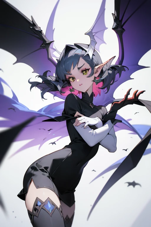 pointed ears,Two legs,stockings above the knee,(Princess cutting her hair),Short, detailed hair,Sideburns have long hair,Succubi,have demonic wings,