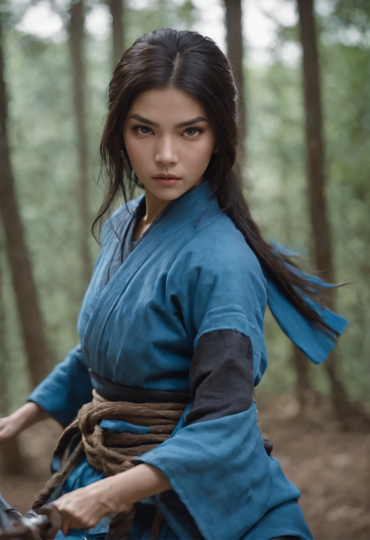 de pele branca, cabelos cacheados vestida de ninja azul, estilo anime, Combat Position