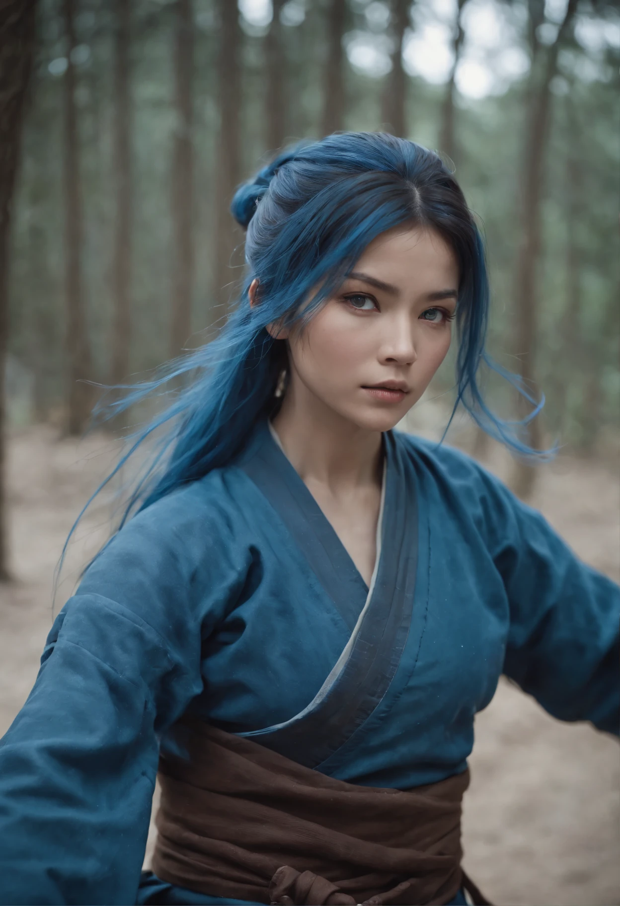 menina de pele branca, cabelos cacheados vestida de ninja azul, estilo anime, Combat Position