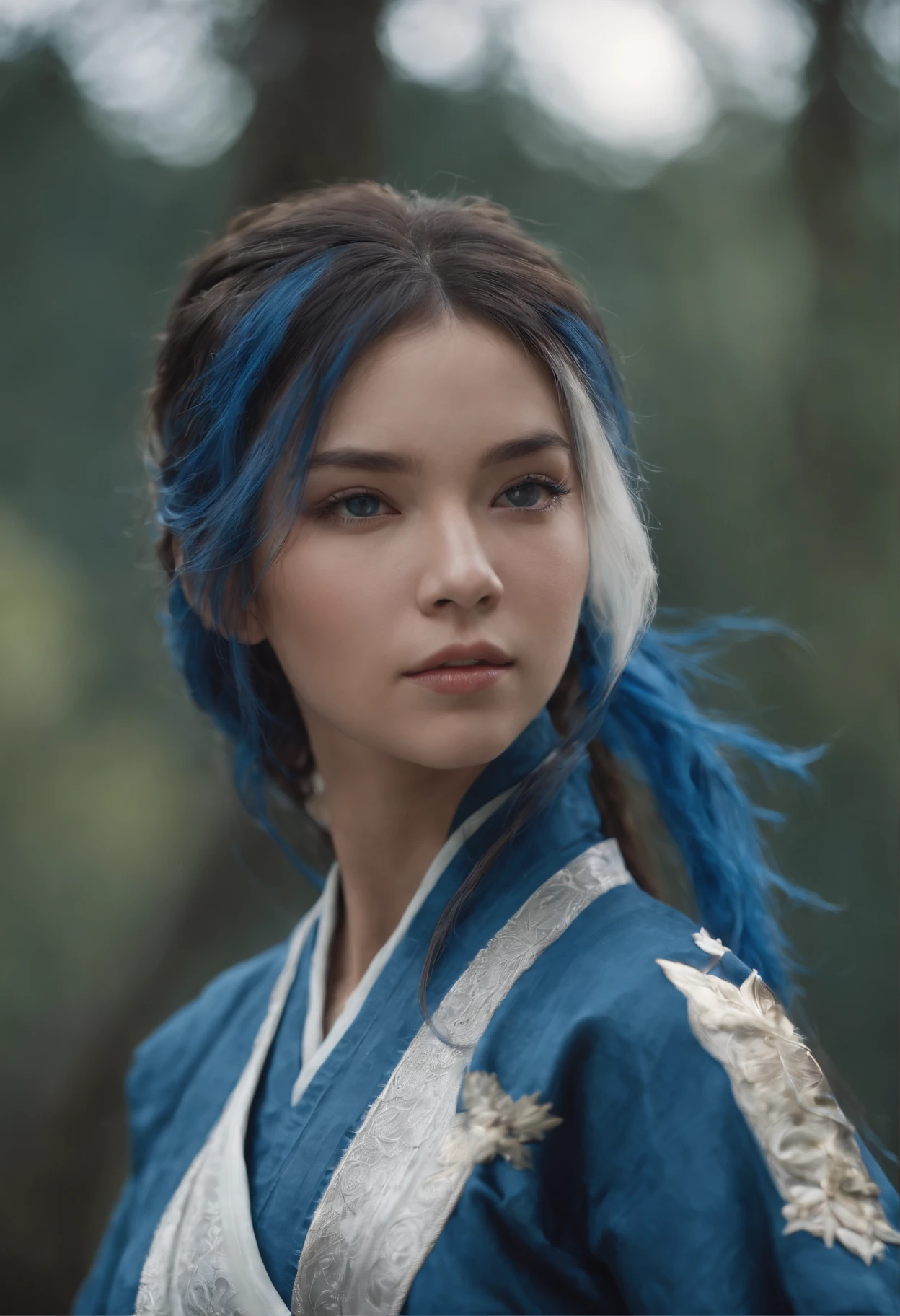 menina de pele branca, cabelos cacheados vestida de ninja azul, estilo anime, Combat Position