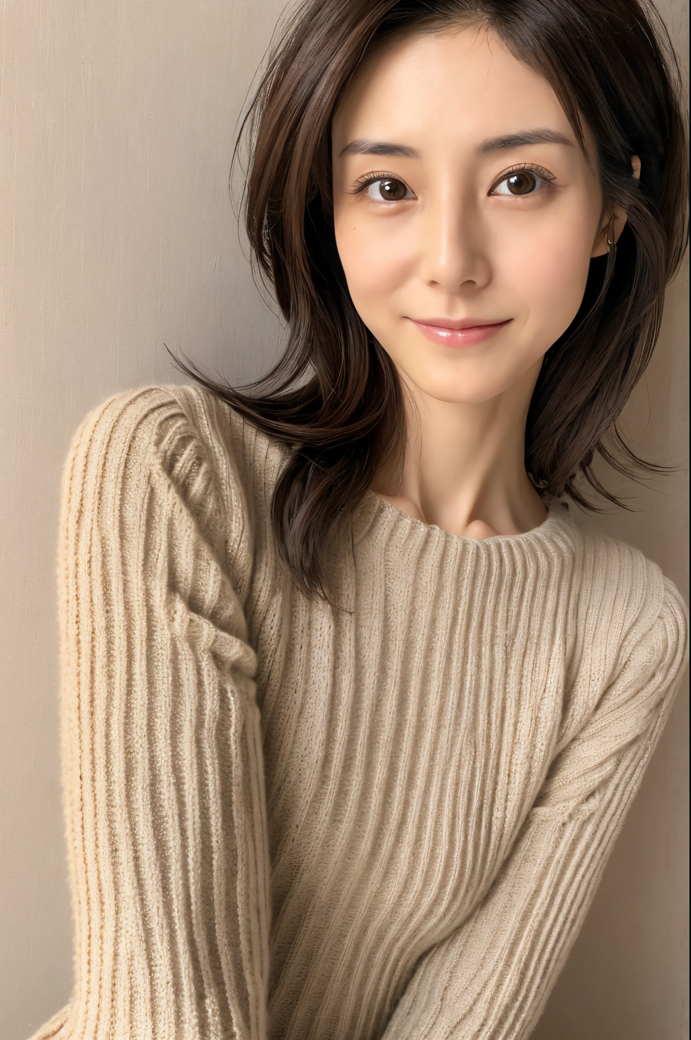 (High reality photograph, high resolusion, detailed face, detailed eyes) Skinny Japanese lady, 30 years old, cute face, various face expression, solo:1, lovely body, skinny figure, various hair style, very thin waist, thin knit dress, full-body photo