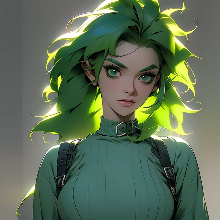 Arafed woman with green hair and blue sweater, short green hair, Short green lynx, messy short green hair, green hair, bright green hair, she looks like a mix of grimes, wavy green hair, Hair, with broccoli hair, resembling a mix of grimes, looks like a mix of grimes, Green mane, Billie Eilish