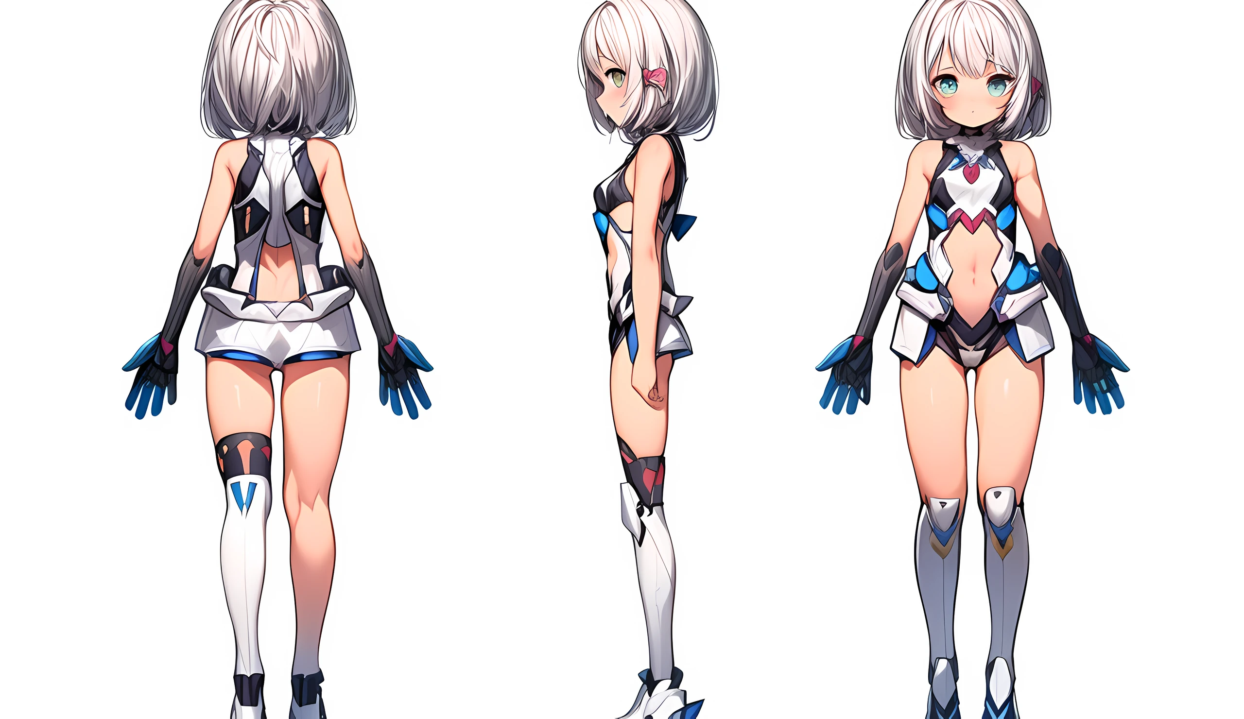 [(NO BACKGROUND:1.5),::5] (chara-sheet, WHITE BACKGROUND:1.5), [(mecha musume:1.5)::,5] (tight armor:1.5), (loli:1.5), [(SYMETRICAL:1.5),::5] standing, (default pose:1.5), (1girl:1.5), solo, (loli:1.4), full body, small , short hair, looking at viewer, (modern, contemporary, futuristic:1.4), solo, full body, masterpiece, solo, beautiful, detailed eyes, detailed face, (white clothes:1.2), (blue stripes:1.3), (white hair:1.4), (cyberse:1.4), (loli:1.3), absurdres, ultra-detailed, masterpiece, highres, 4k, high quality, digital art, sparkling eyes, (thigh:1.3), (small :1.4), short hair, ( arms,  hands:1.4), (navel cutout:1.3), navel, (character sheet:1.5), (turnaround:1.5), (concept art:1.5)
