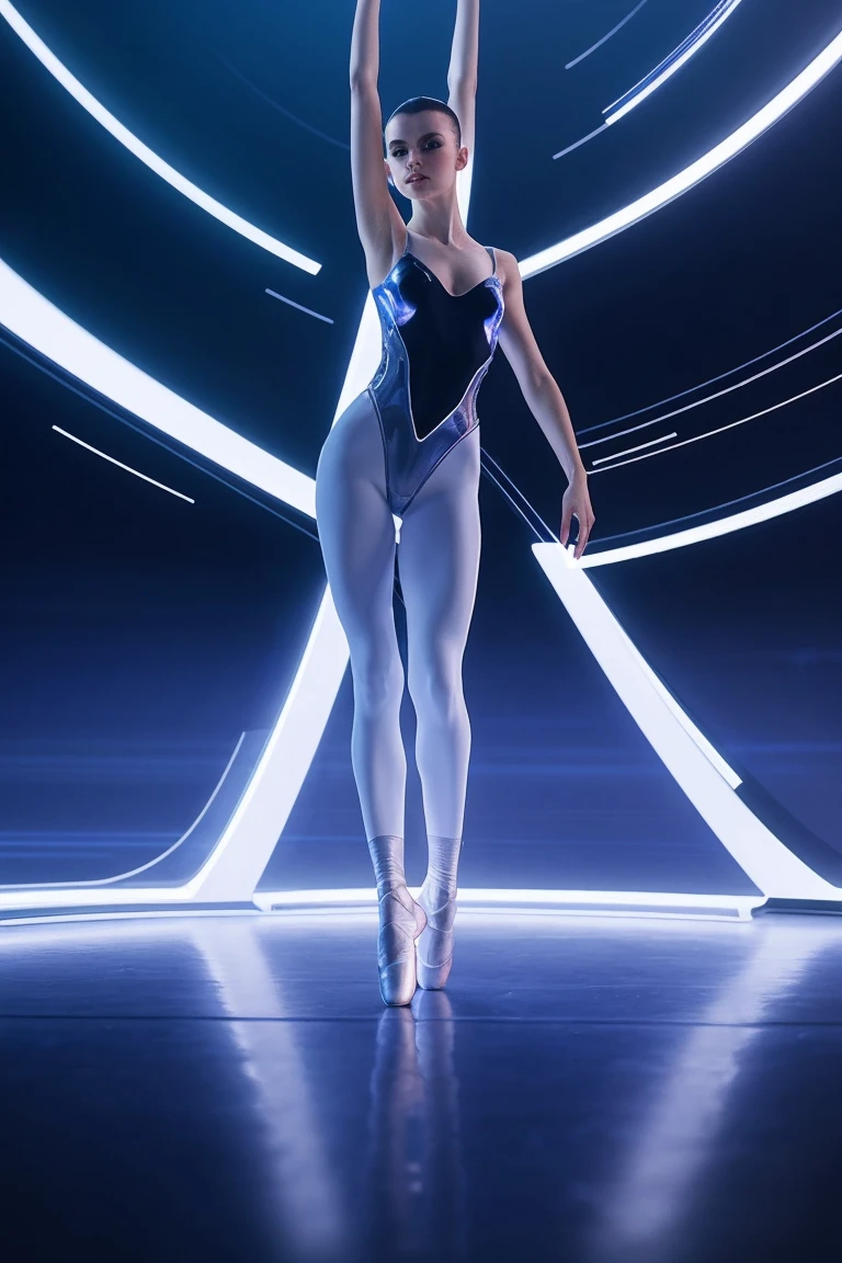 ((best quality)), ((masterpiece)), (detailed), perfect face, Imagine a futuristic concept art of a ballerina performing in a technologically advanced setting, her movements enhanced by holographic projections and interactive elements. Use a sleek, futuristic design to capture the evolution of ballet in the future.