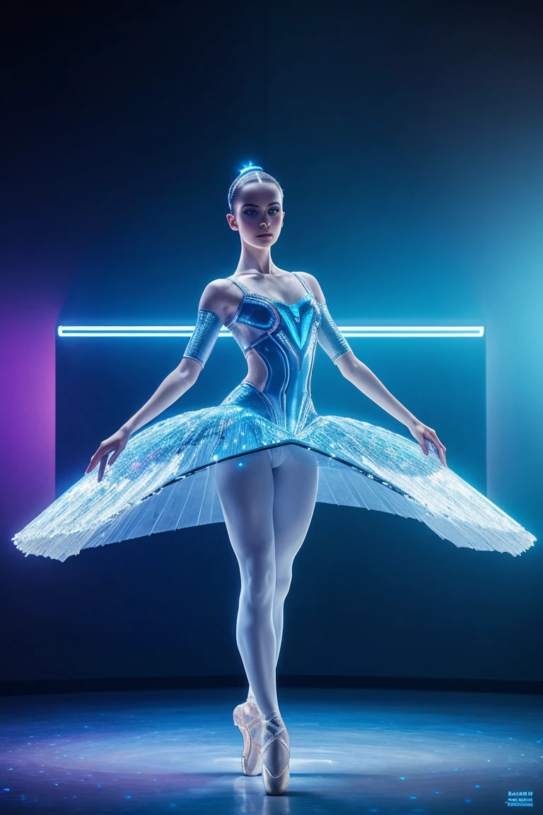 ((best quality)), ((masterpiece)), (detailed), perfect face, Imagine a futuristic concept art of a ballerina performing in a technologically advanced setting, her movements enhanced by holographic projections and interactive elements. Use a sleek, futuristic design to capture the evolution of ballet in the future.