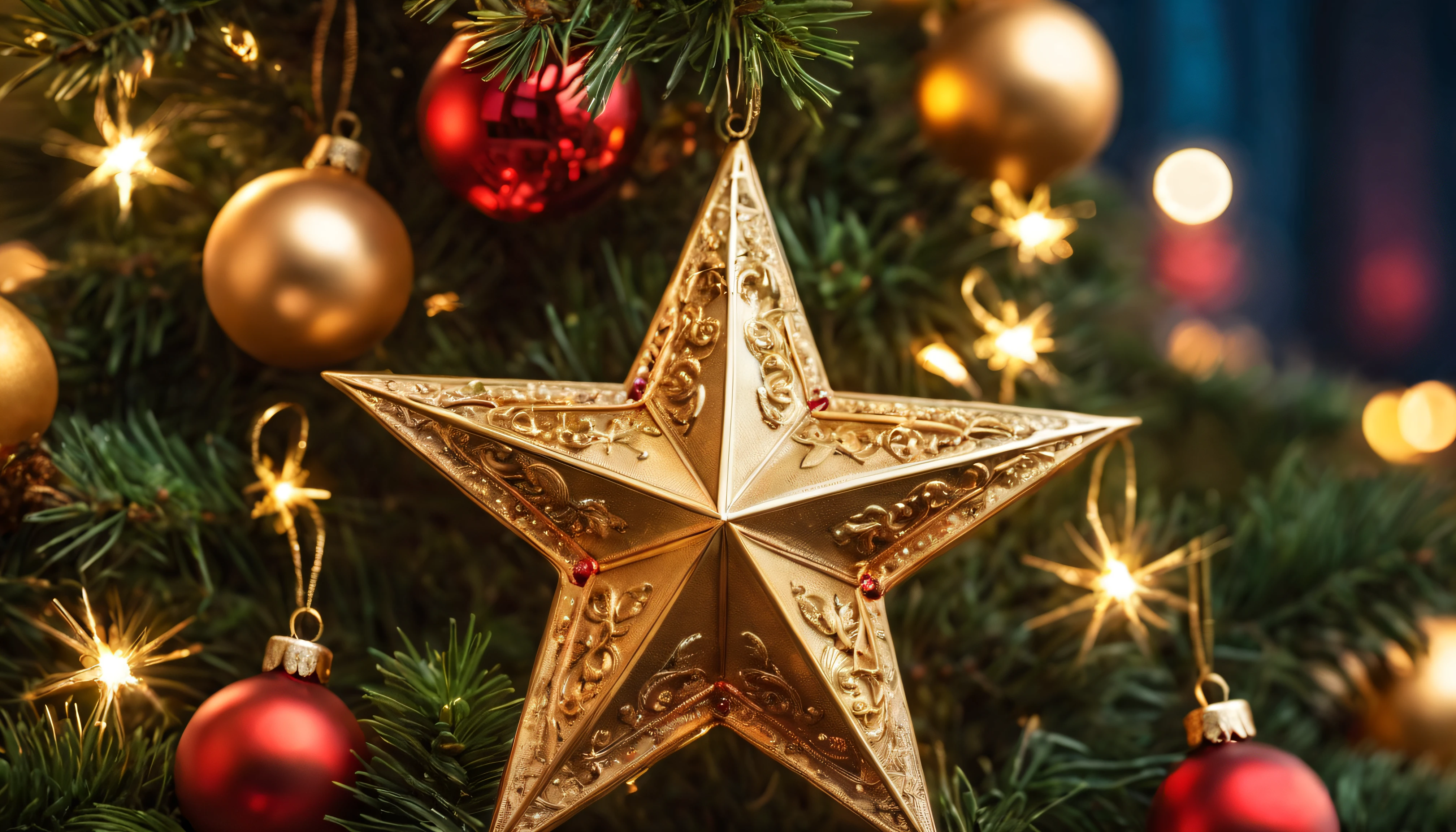 Breathtaking cinematic photo of a real Hyperrealistic christmas ((close-up photo)) of a beautiful stunning ((golden star)) top decoration of the ((Christmas tree)) with ((two angels)) besides, decorated with golden christmas tree decorations, Christmas tree garlands, golden and red colored Christmas tree balls, in the background multicolored led lights (red, blue, green, yellow), extremely high-resolution details, photorealism, realistic lifelike textures, masterpiece, best quality, sharp focus, photorealism, photorealistic, 8k, volumetric light, (intricate details), hdr, high detailed, high quality, soft cinematic light, dramatic atmosphere, atmospheric perspective, ultra realistic, neutral colors, cinematic lighting, wide angle, film grain, dslr, raw photo, photo,