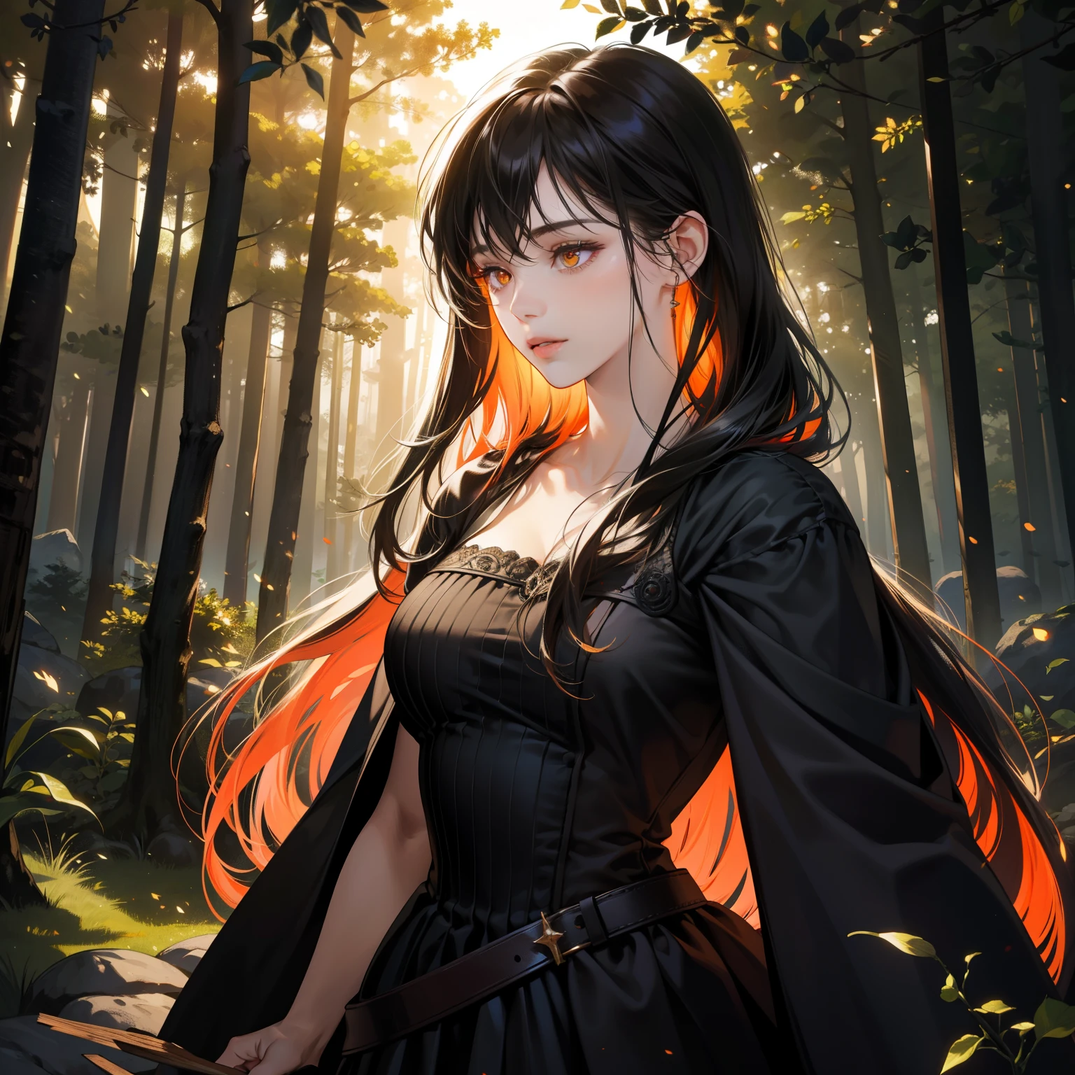 Masterpiece, high quality, best quality, HD, realistic, perfect lighting, detailed body, 1 woman, orange eyes, long hair, black Hair, glowing, black girl dress, forest background