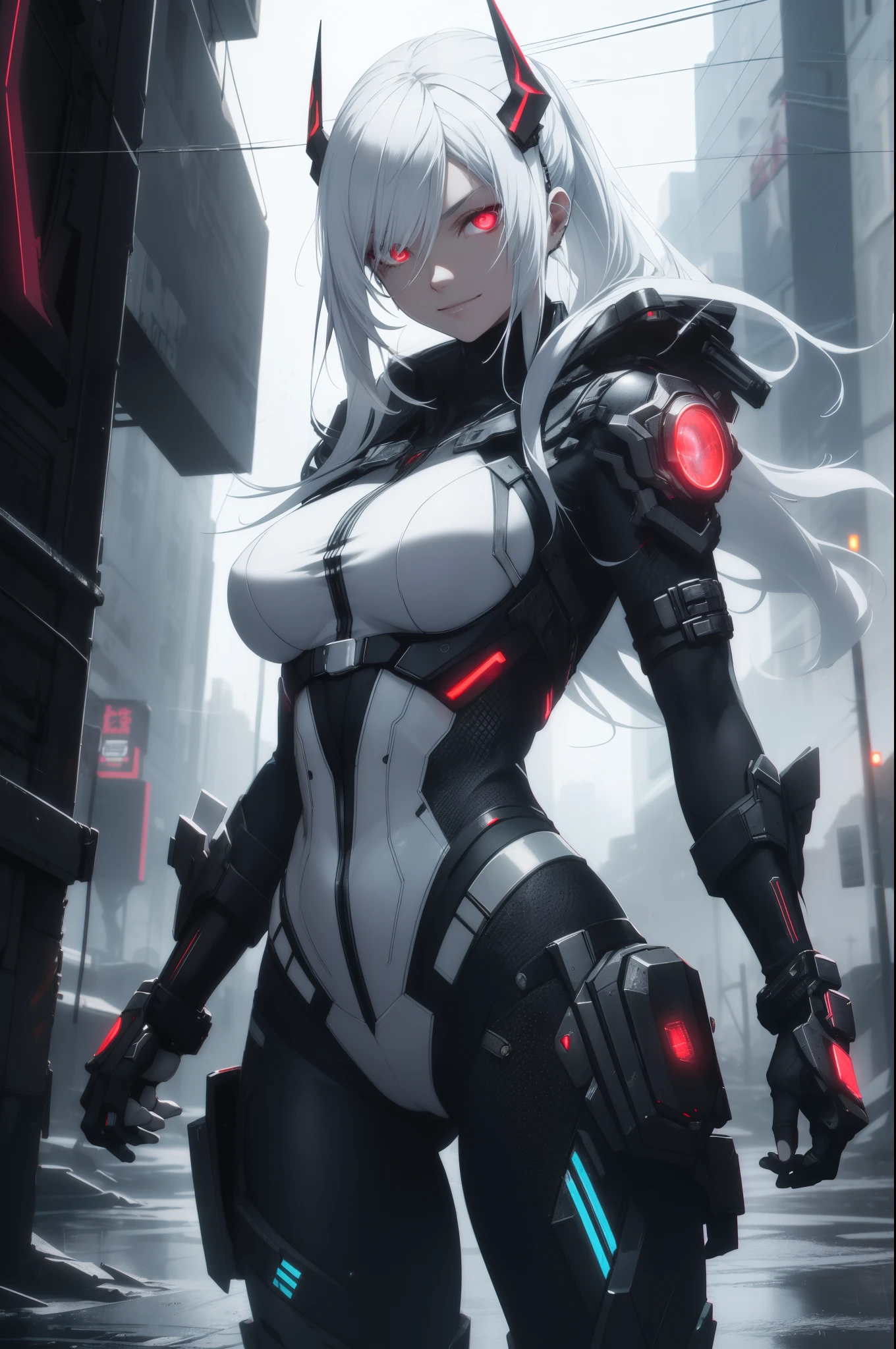 chromatic aberration, depth of field, soft lighting, masterpiece, best quality, intricate, tone mapped, highly detailed, artstation, concept art, smooth, sharp focus, dramatic lighting, highly detailed artwork, cinematic, hyper realistic painting, trending on Artstation, 8K, incredible shadows, realistic, 1girl, cute, girl in a smooth curve, standing, futuristic, smile, punk, cyberpunk, backlighting, mechanical joints, artificial limbs, white hair, long hair, red eyes, red horns, perfect eyes, perfect fingers, white bodysuit, thighs, metalic boots, during a rainstorm with lightning strikes and a cloudy sky, neon and cyberpunk background, detailed glowing red eyes with distinct pupils, wearing white battle android clothes
