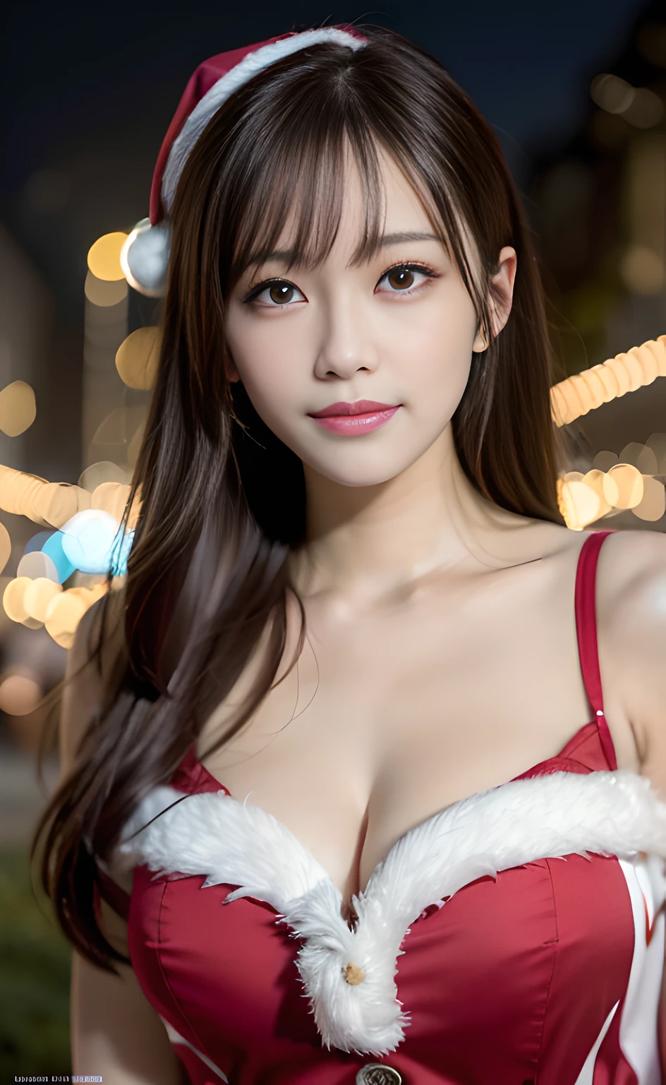 masutepiece, Best Quality, Illustration, Ultra-detailed, finely detail, hight resolution, 8K Wallpaper, Perfect dynamic composition, Beautiful detailed eyes, doress,Medium Hair, mid-chest, Natural Color Lip, Random and sexy poses,Smile,Christmas Lights、santa claus