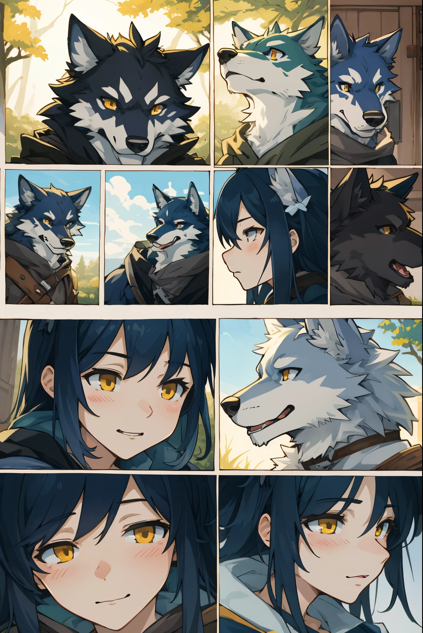 High-quality illustrations, doujinshi cover_page, highres, absurdres, The story of the meeting of a girl and a wolf,