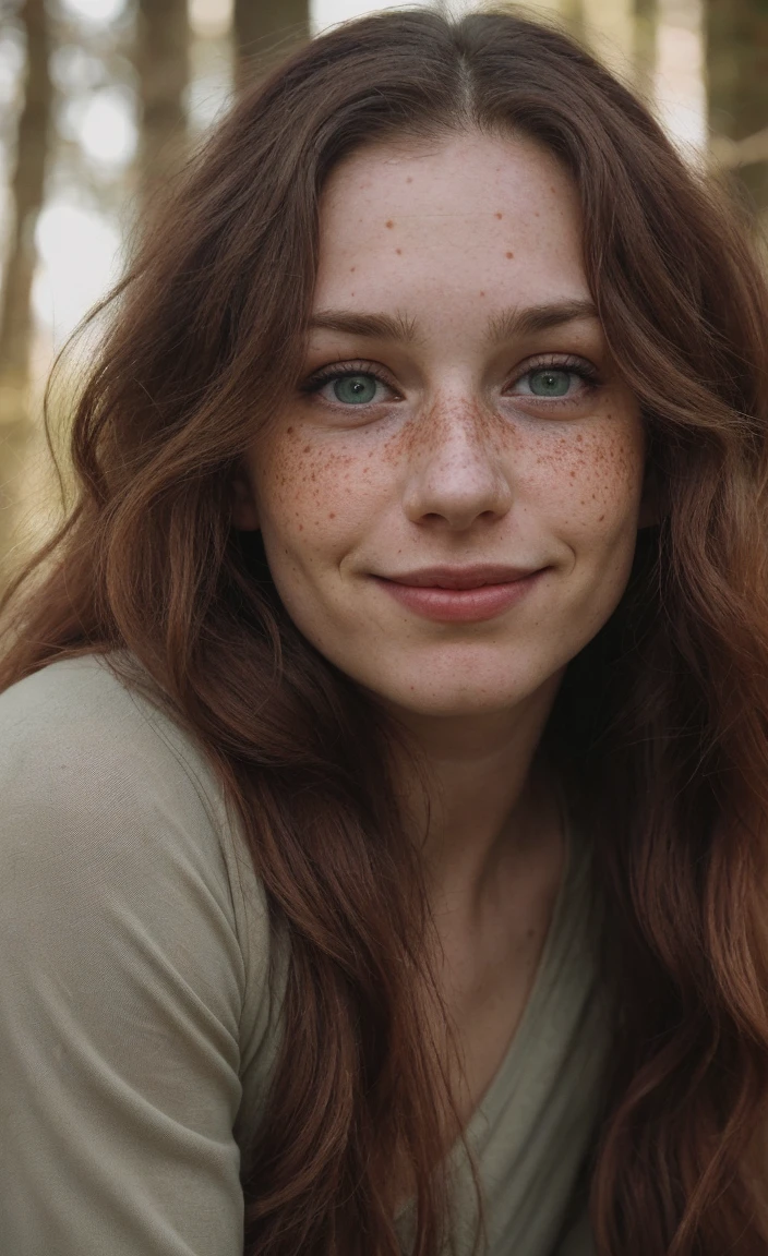 (close-up, editorial photograph of a 30 year old woman), (highly detailed face:1.4) (smile:0.7) (background inside dark, moody, private study:1.OV, by lee jeffries, nikon d850, film stock photograph ,4 kodak portra 400 ,camera f1.6 lens ,rich colors, hyper realistic ,lifelike texture, dramatic lighting , cinestill 800, wavy hair, messy hair, red hair, freckles, green eyes, white skin, viking hair, nordic tatto, forest, daylight, athletic body, mischievous smile, perfect, master piece, high details, witchcraft, goddess, astral plane,