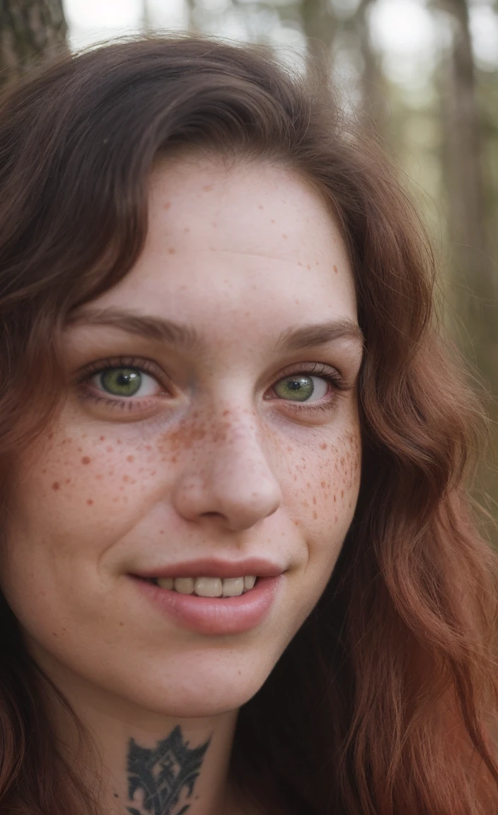 (close-up, editorial photograph of a 30 year old woman), (highly detailed face:1.4) (smile:0.7) (background inside dark, moody, private study:1.OV, by lee jeffries, nikon d850, film stock photograph ,4 kodak portra 400 ,camera f1.6 lens ,rich colors, hyper realistic ,lifelike texture, dramatic lighting , cinestill 800, wavy hair, messy hair, red hair, freckles, green eyes, white skin, viking hair, nordic tatto, forest, daylight, athletic body, mischievous smile, perfect, master piece, high details, witchcraft, goddess, astral plane,