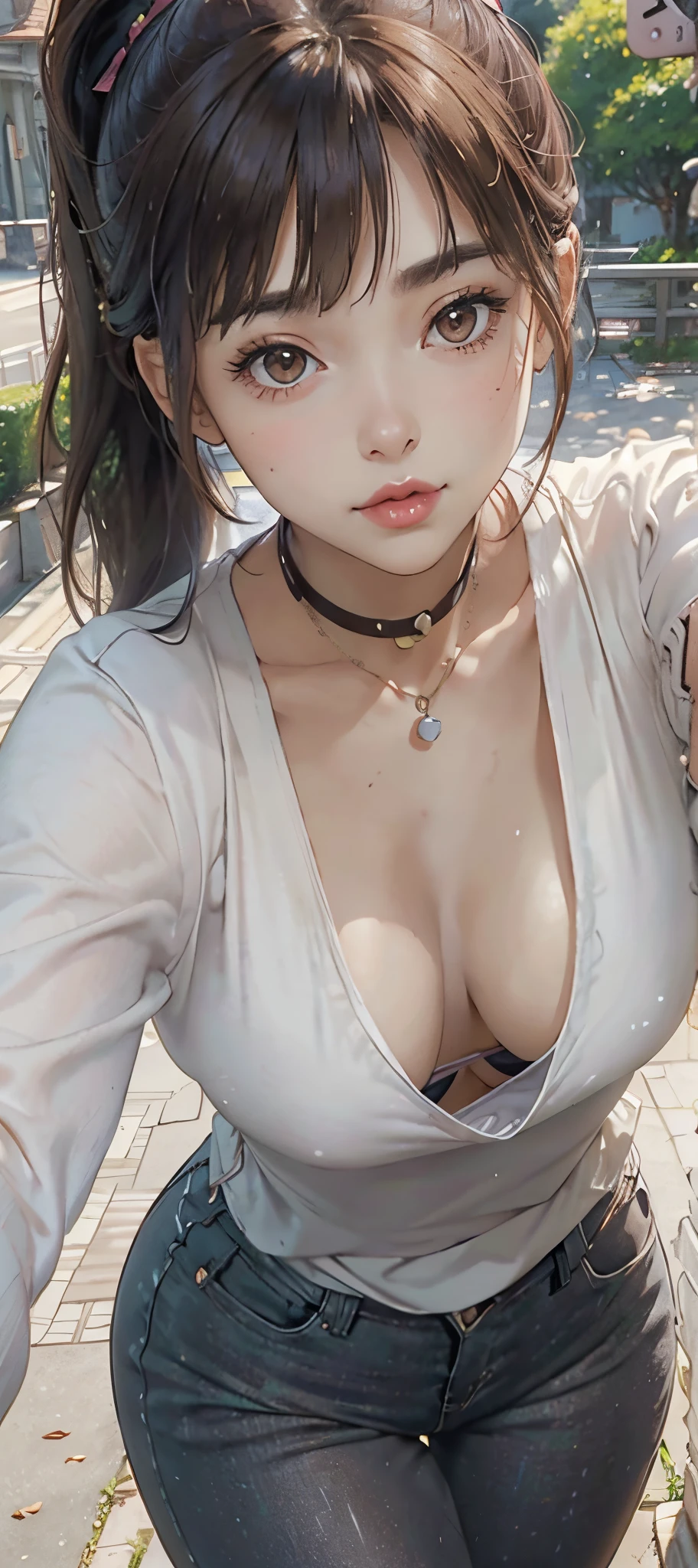 light-brown hair, small breasts, slim waist, thick thighs, shapely butt, slim body, ponytail, (((tight blouse))), (((sultry look))), cleavage, necklace, seductive posture, breast squeeze, downblouse, leaning forward, park, path, trees, flowers, distant city in the background, looking at viewer, sultry look, (((selfie)))